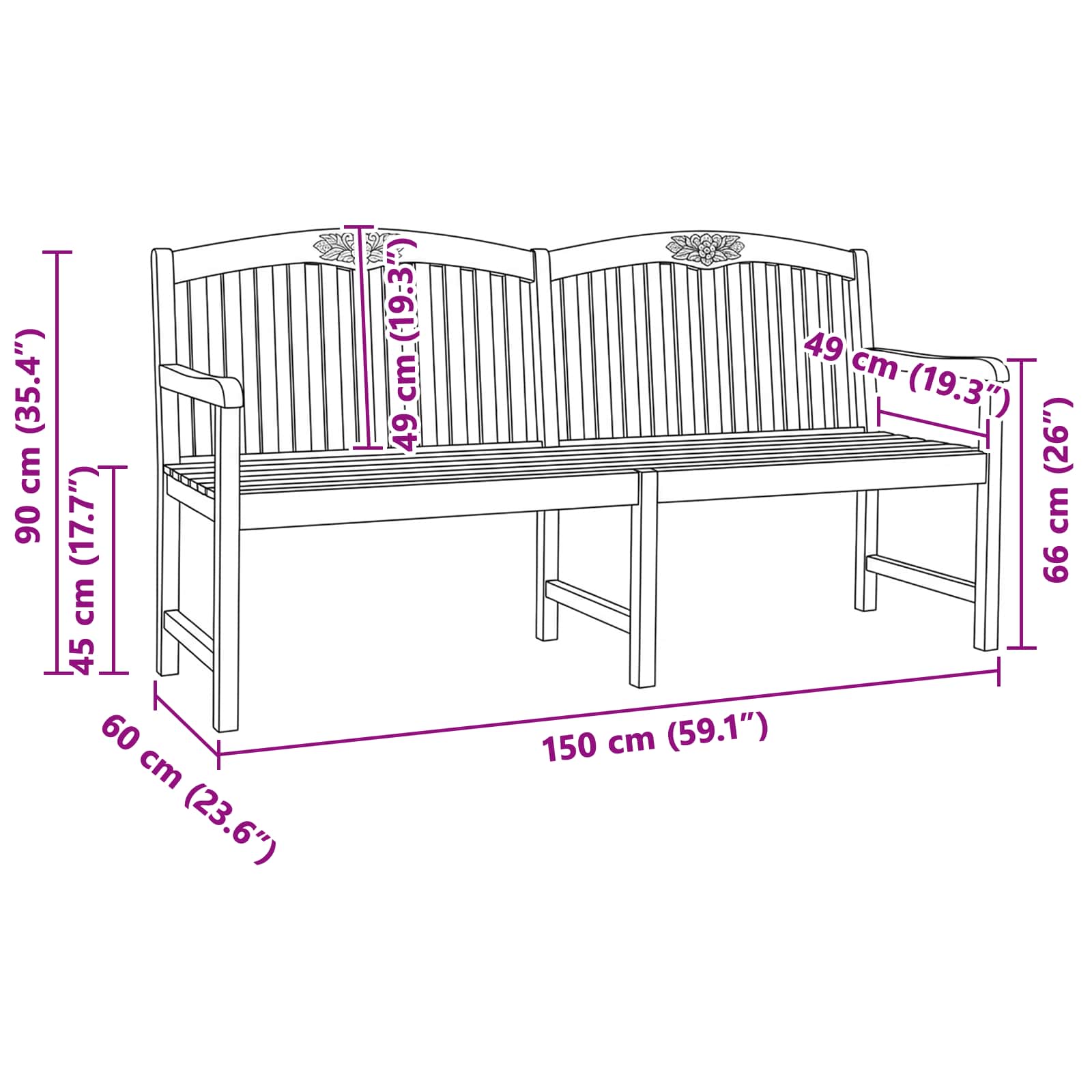 Handgemaakte Rozenbank 150 x 60 x 90 cm Massief Teakhout