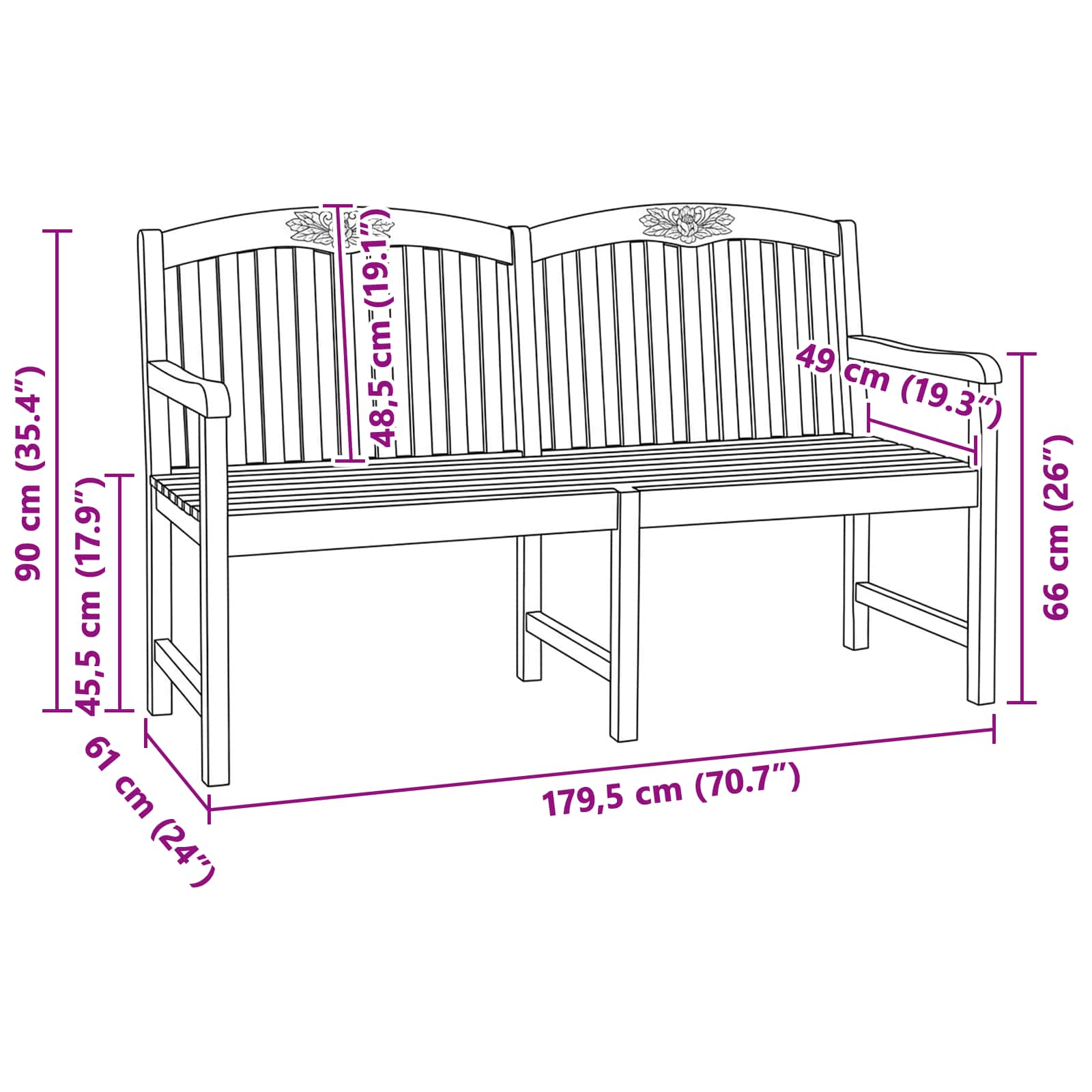 Handgemaakte Rozenbank 179,5 x 61 x 90 cm Massief Teakhout