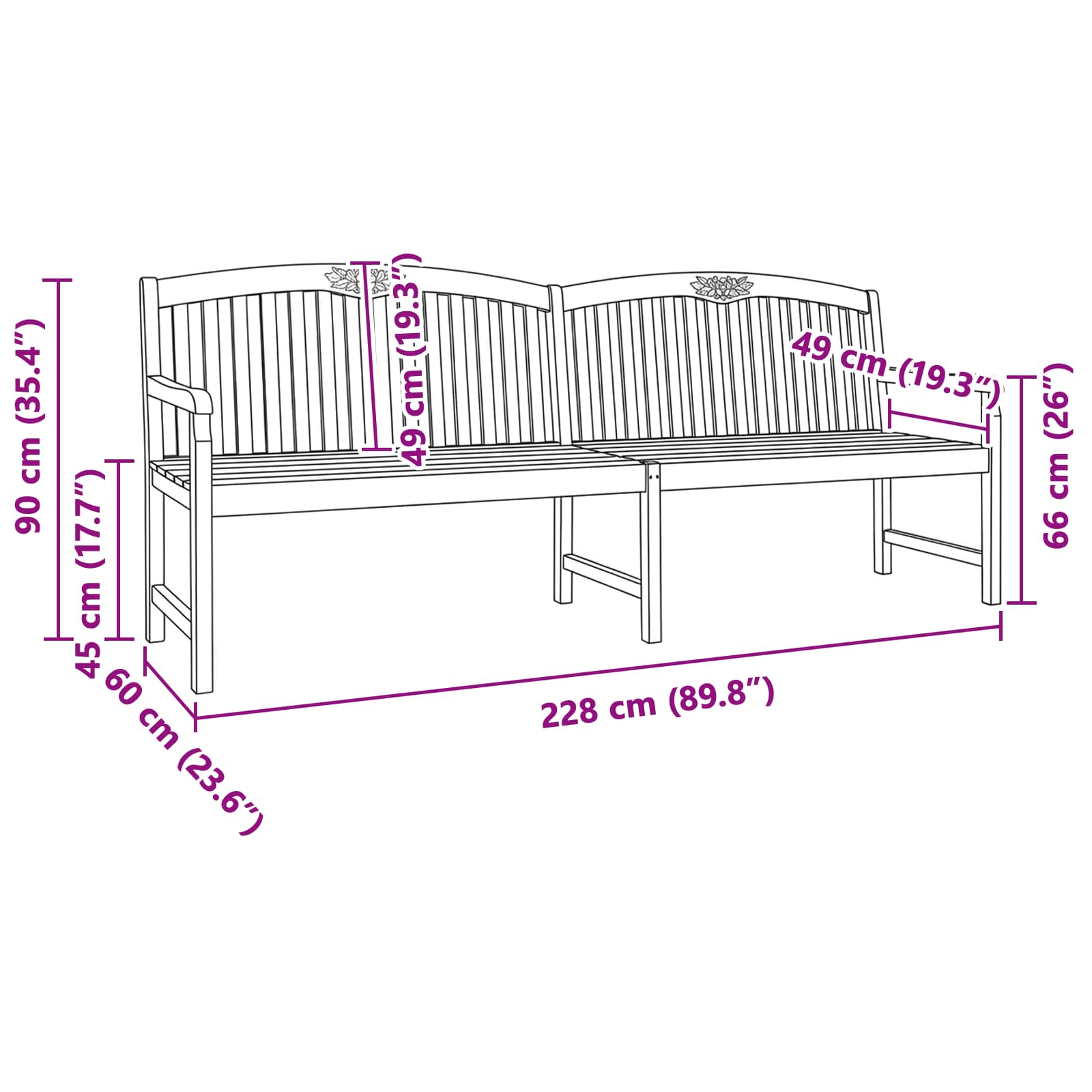 Handgemaakte Rozenbank 228 x 60 x 90 cm Massief Teakhout