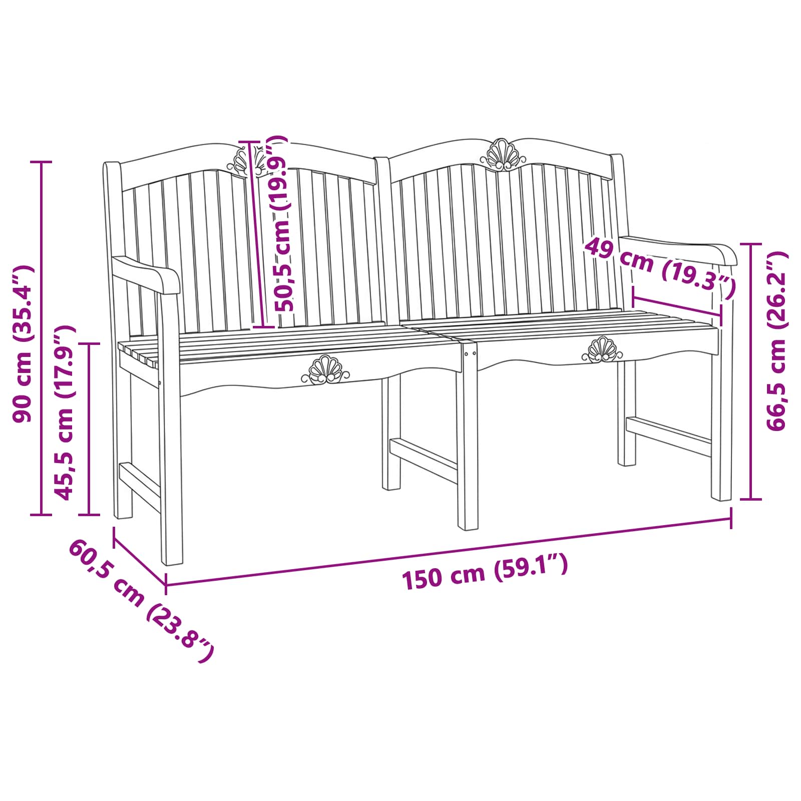 Handgemaakte Rozenbank 150 x 60,5 x 95 cm Massief Teakhout