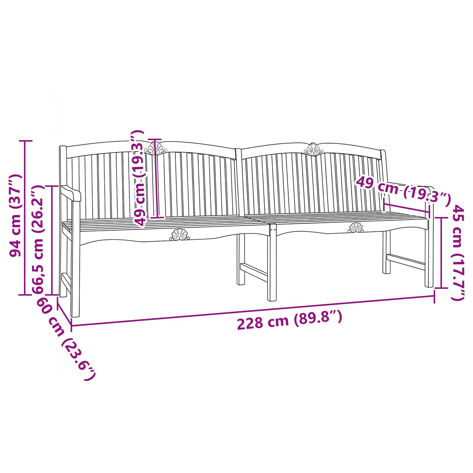 Handgemaakte Rozenbank 228 x 61 x 94,5 cm Massief Teakhout