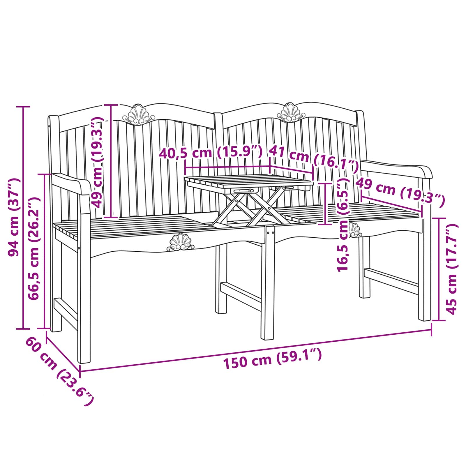 Handgemaakte Rozenbank 155 x 60 x 94 cm Massief Teakhout