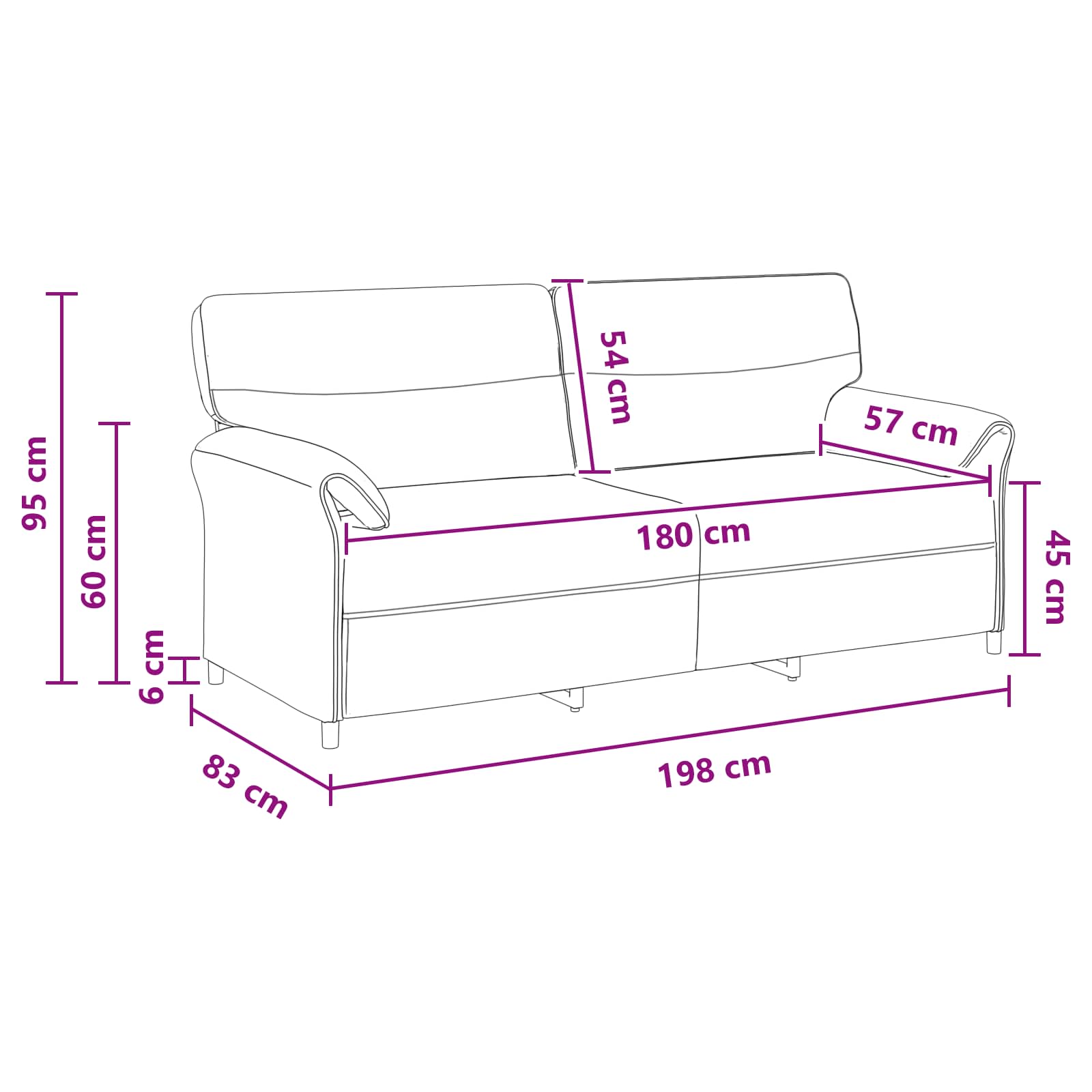 3-Zits Bank Zwart 198 x 83 x 95 cm Stof