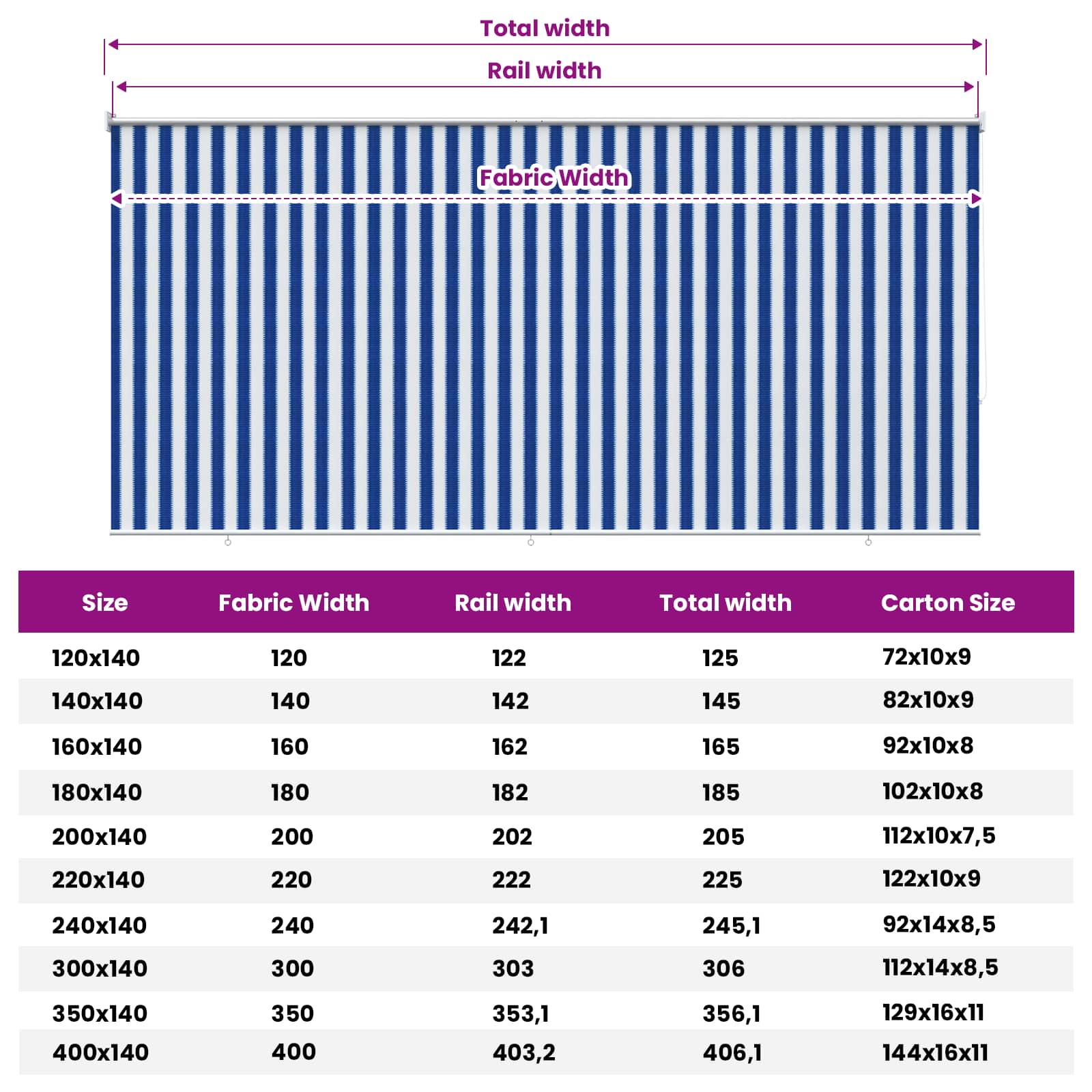 Buitenrolgordijn 90% UV-blok Blauw en Witte Streep 240 x 140 cm