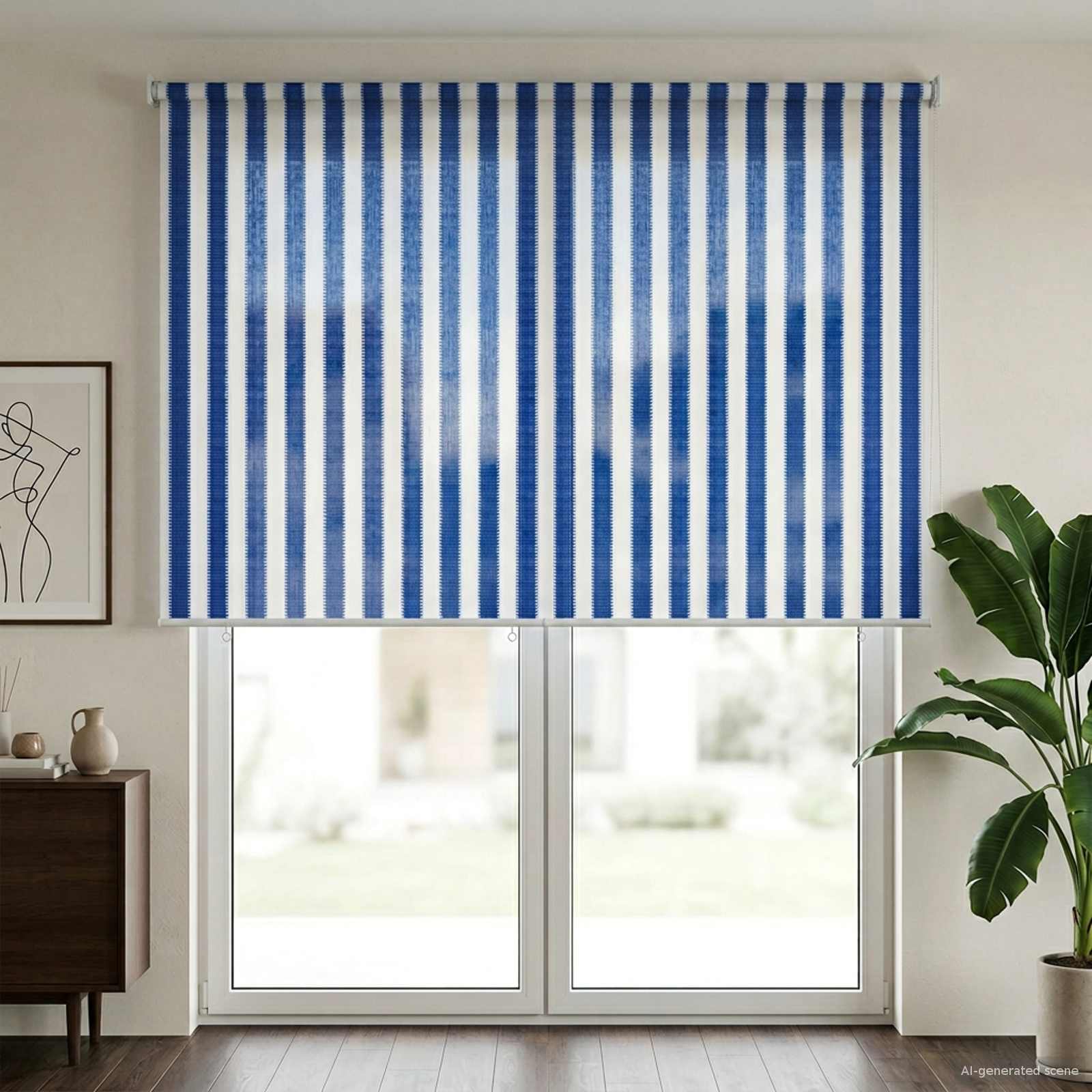 Buitenrolgordijn 90% UV-blok Blauw en Witte Streep 220 x 230 cm