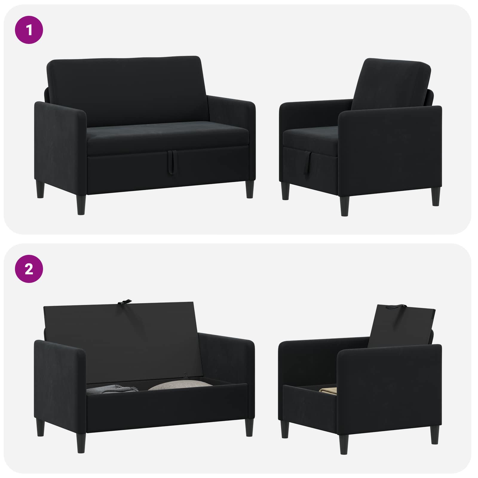 Bankenset met opbergruimte 2 st Zwart Polyester