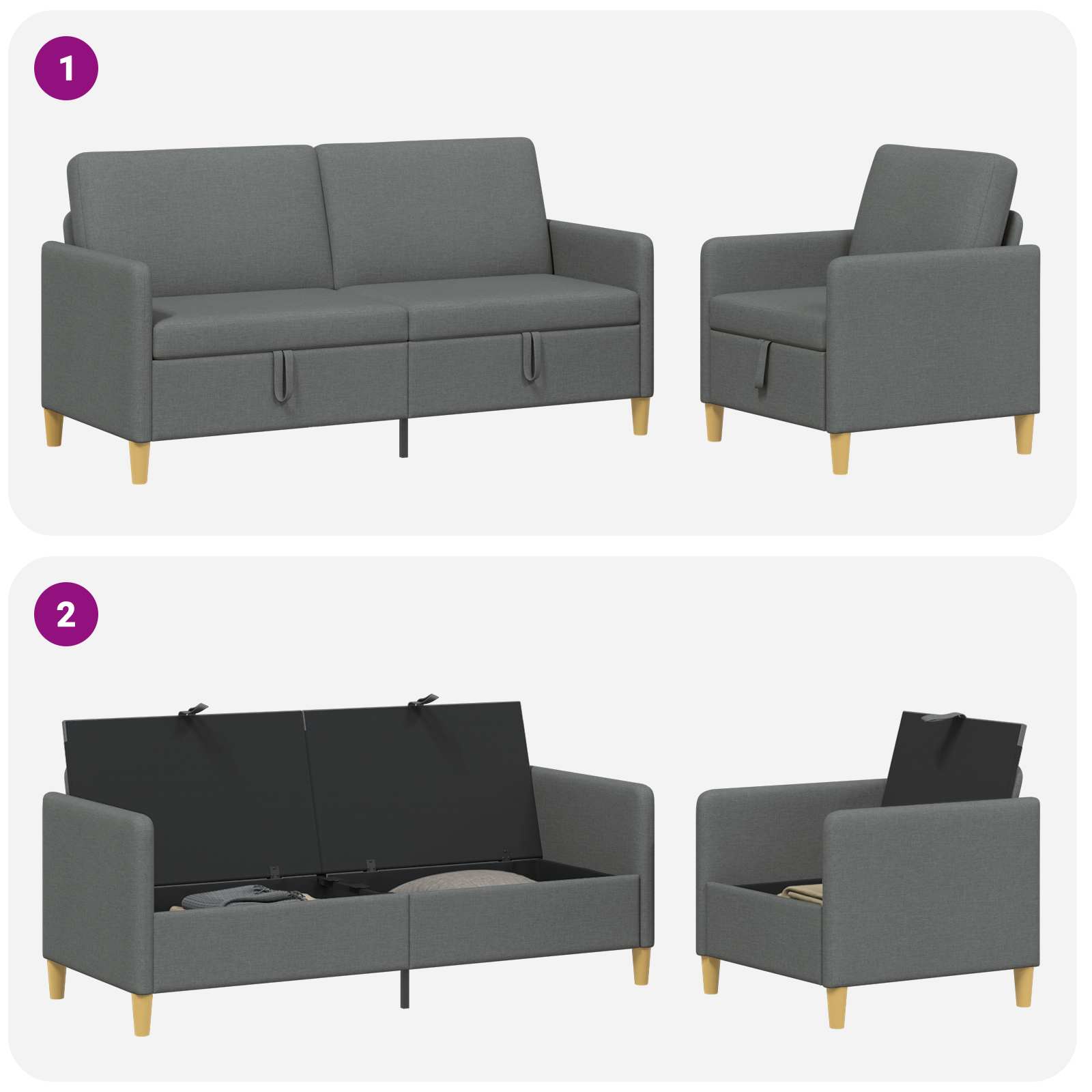 Bankenset met opbergruimte 2 st Donkergrijs Polyester