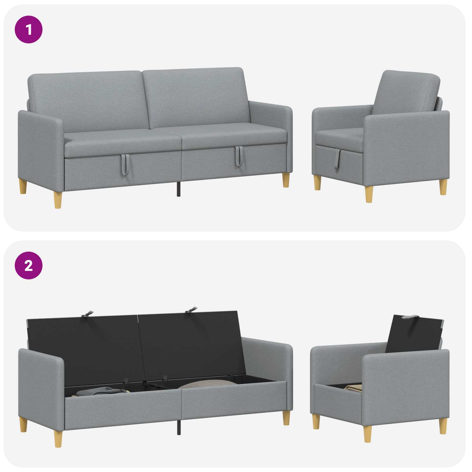 Bankenset met opbergruimte 2 st Lichtgrijs Polyester