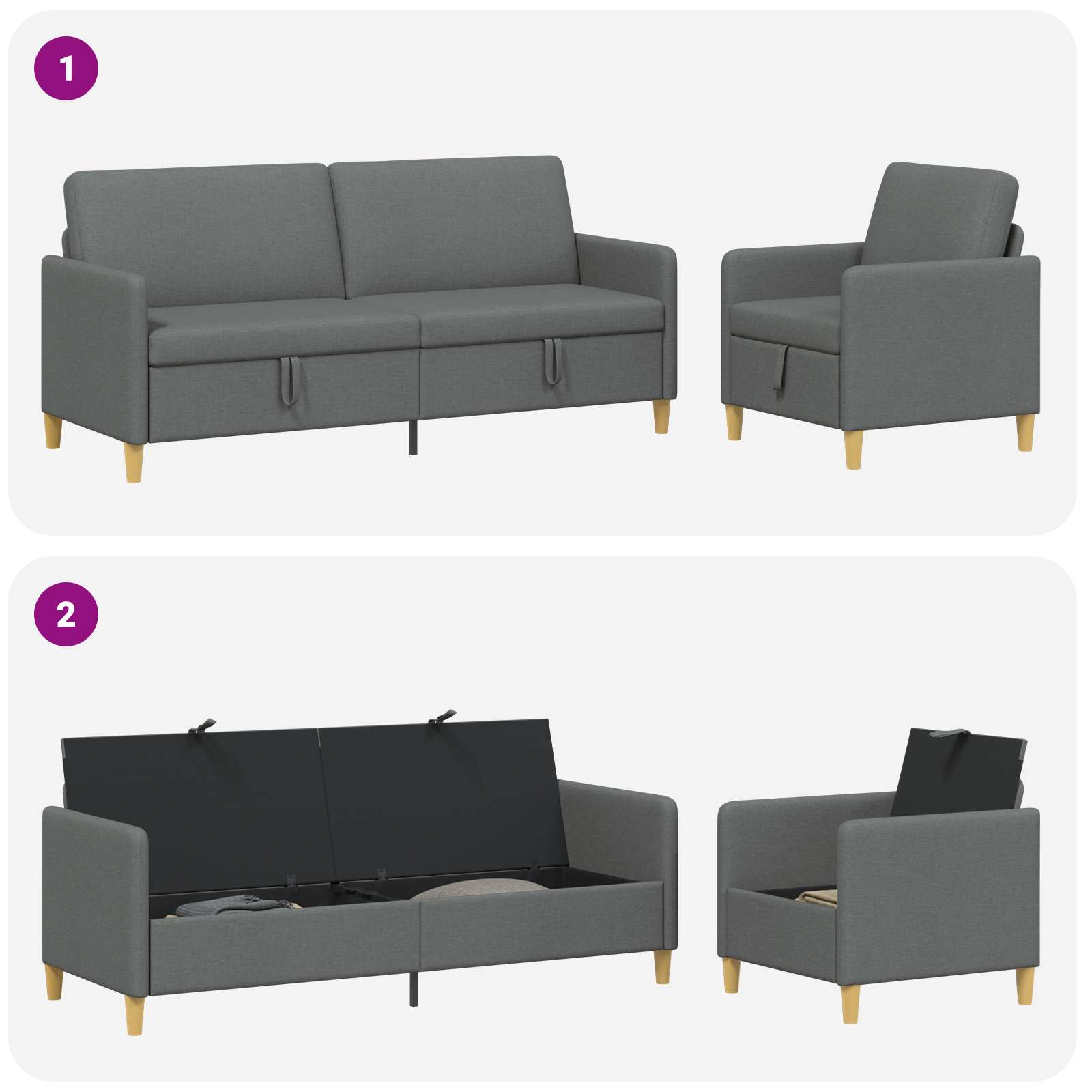 Bankenset met opbergruimte 2 st Donkergrijs Polyester