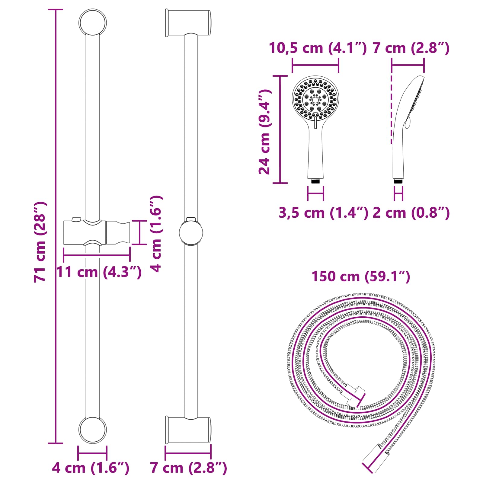 Douchesysteem set Zwart 70 cm Roestvrij staal