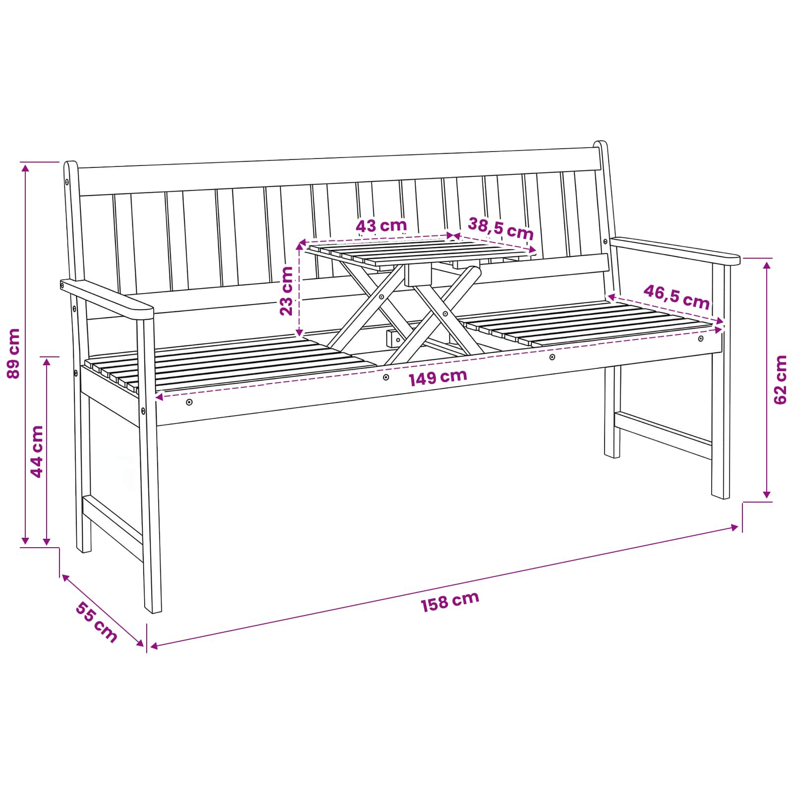 Tuinbank 158 x 55 x 89 cm Massief Acaciahout Naturel