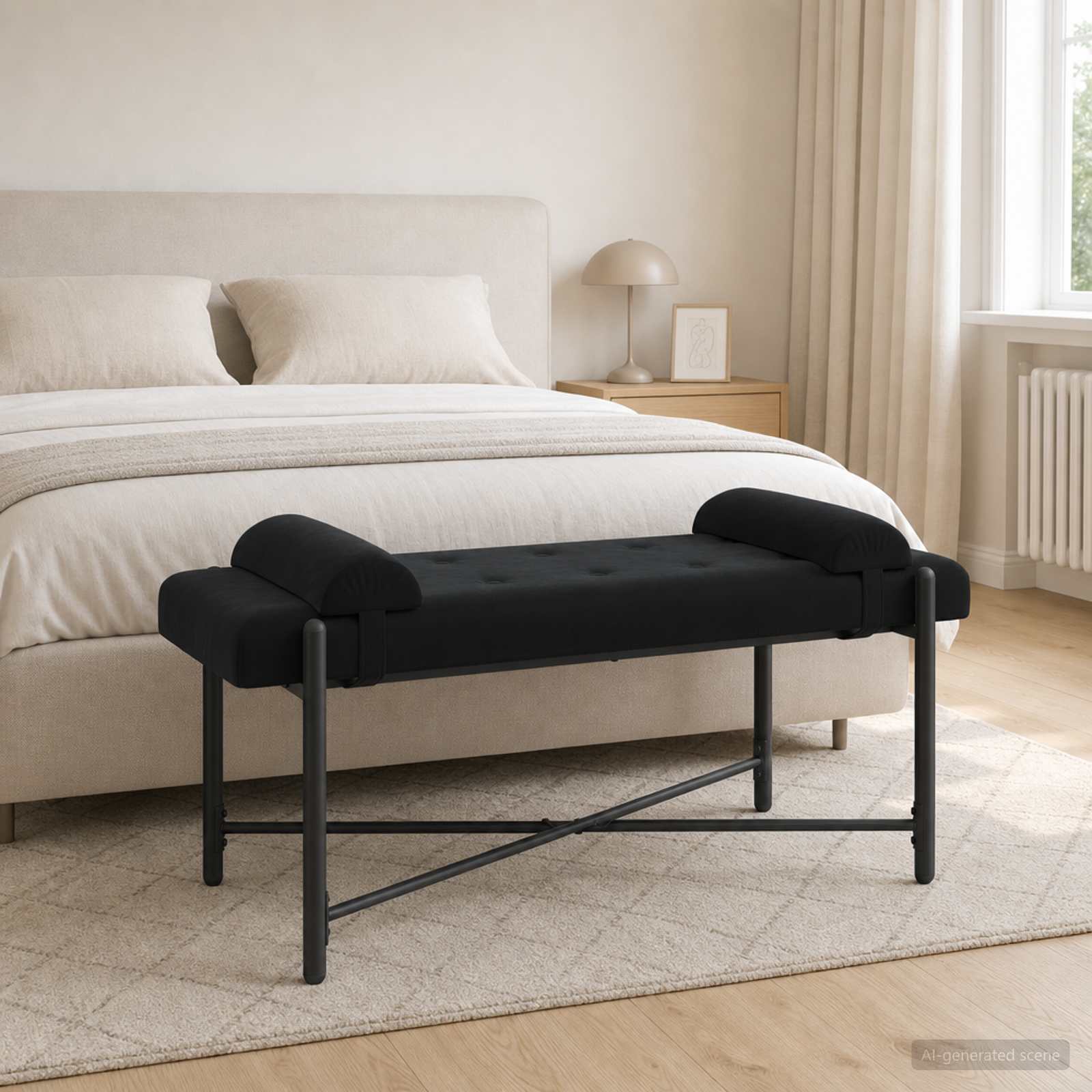 Knop-gestept Bankje met Kussens Zwart 110 x 40 x 46 cm fluweel
