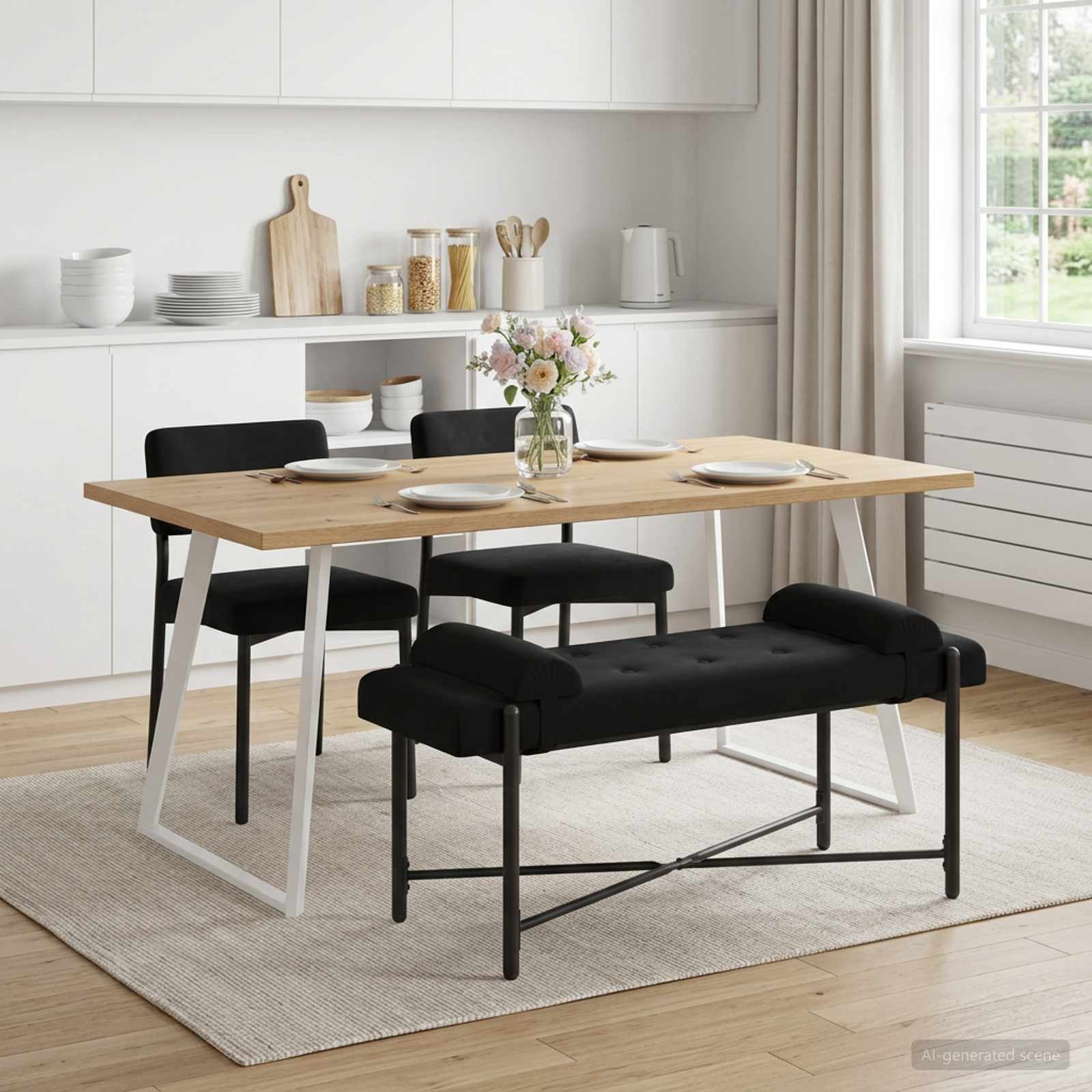 Knop-gestept Bankje met Kussens Zwart 110 x 40 x 46 cm fluweel