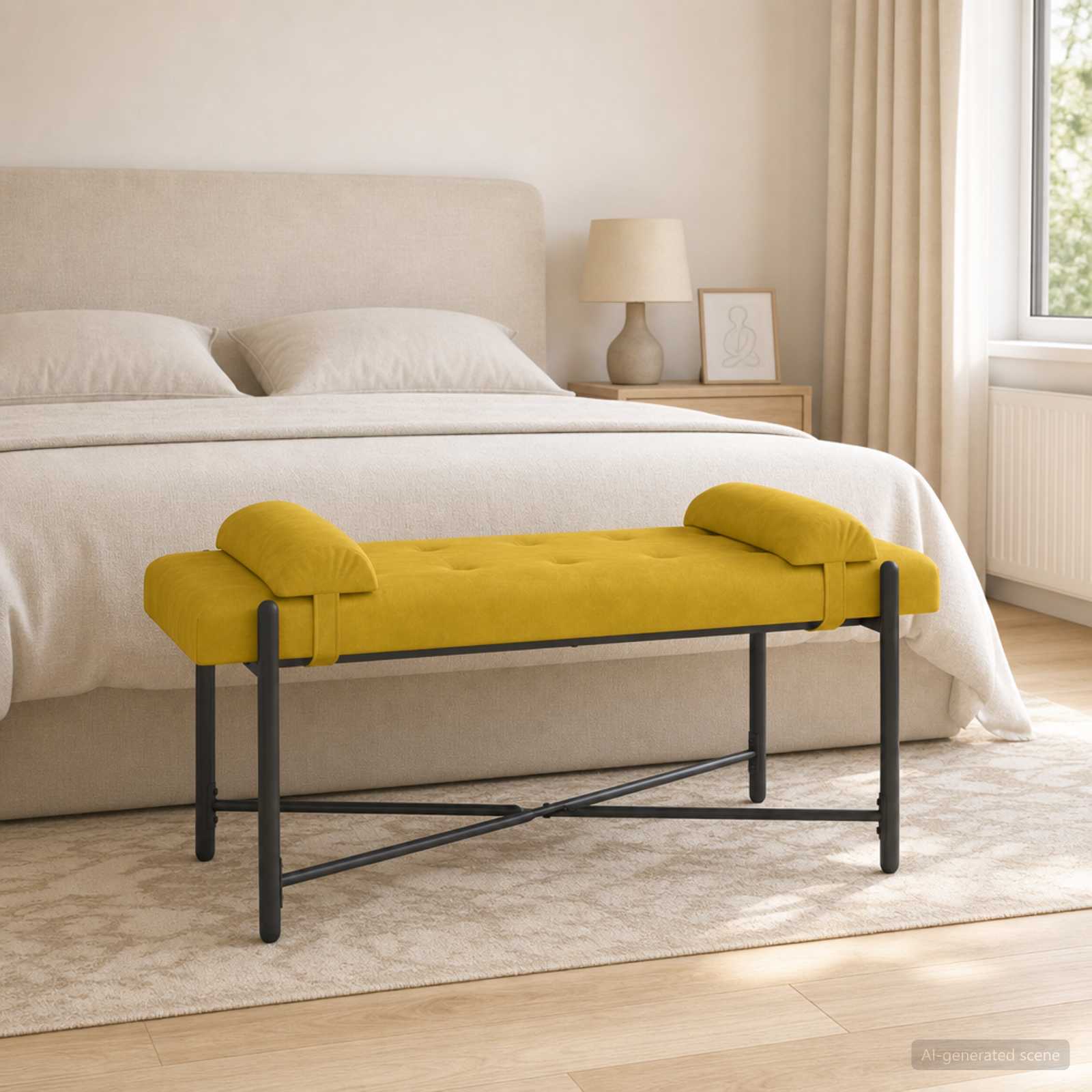 Knop-gestept Bankje met Kussens Geel 110 x 40 x 46 cm fluweel