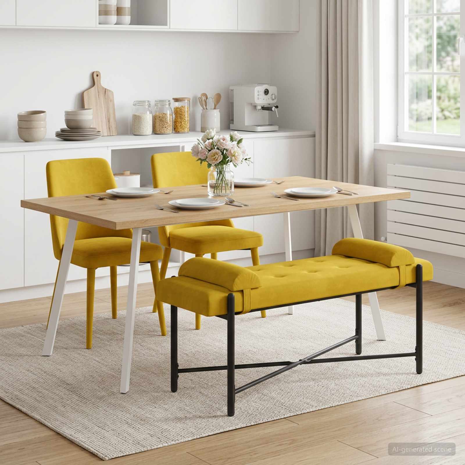 Knop-gestept Bankje met Kussens Geel 110 x 40 x 46 cm fluweel