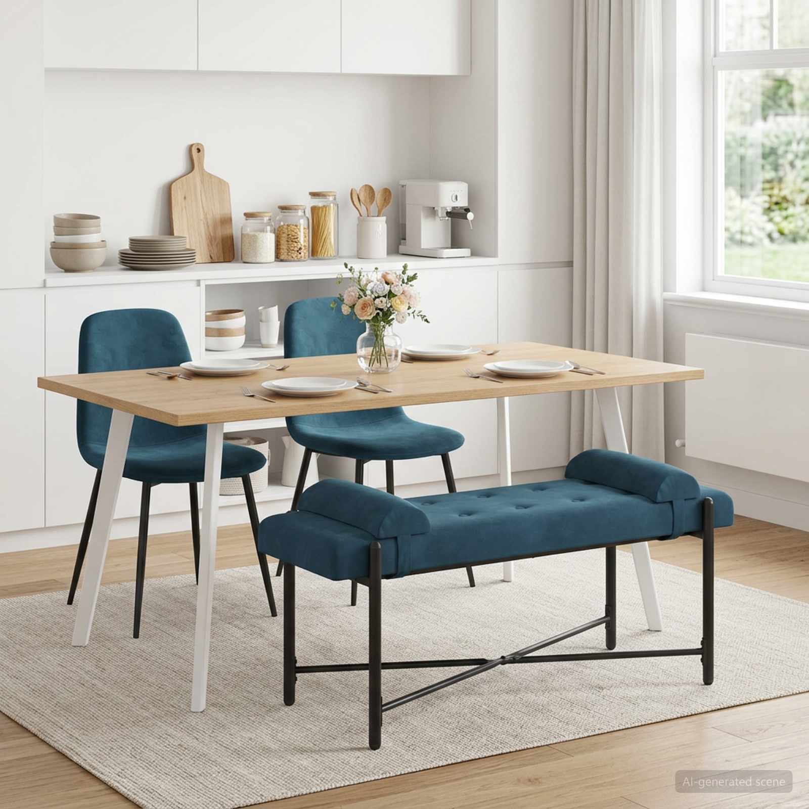 Knop-gestept Bankje met Kussens Blauw 110 x 40 x 46 cm fluweel
