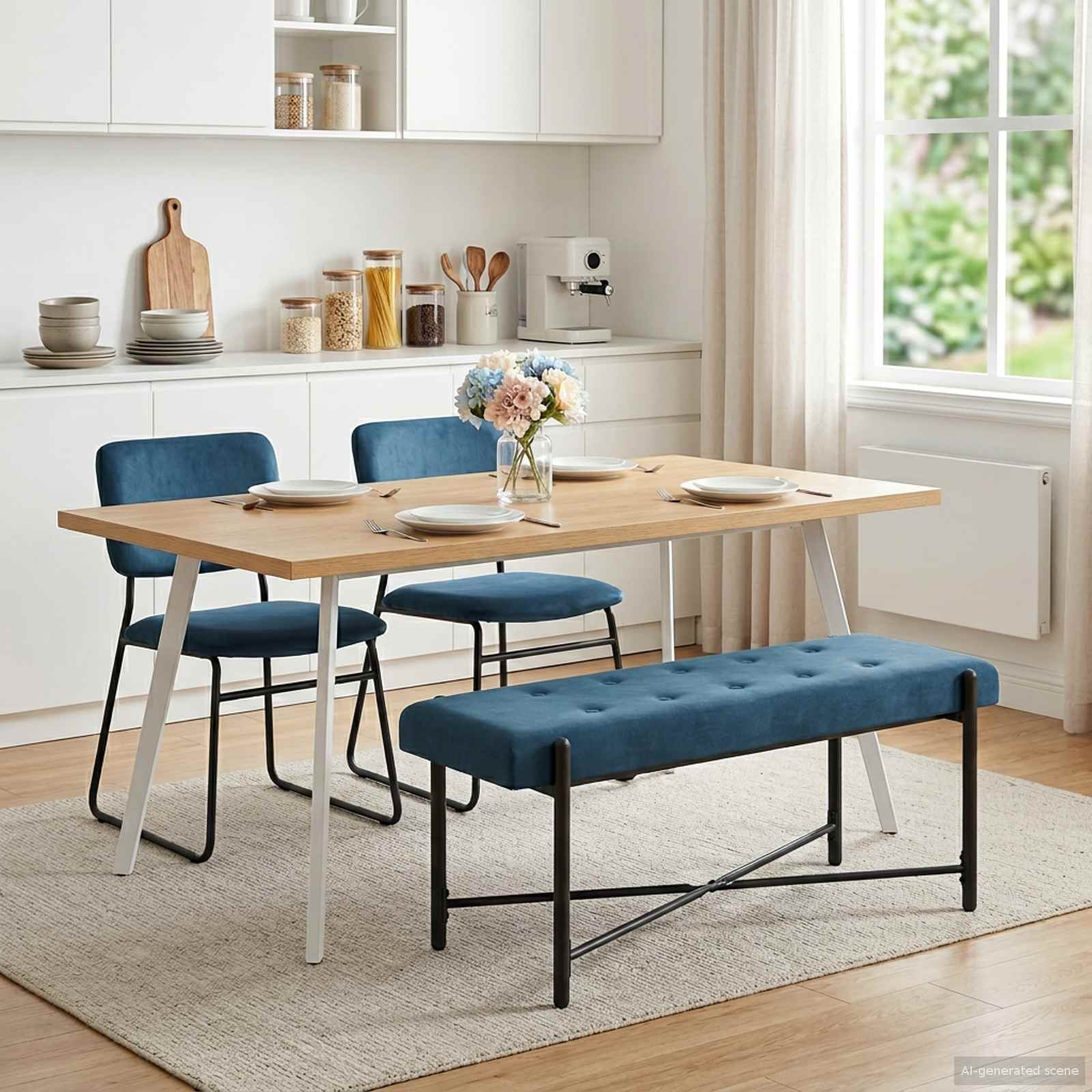 Knop-gestept Bankje met Kussens Blauw 110 x 40 x 46 cm fluweel