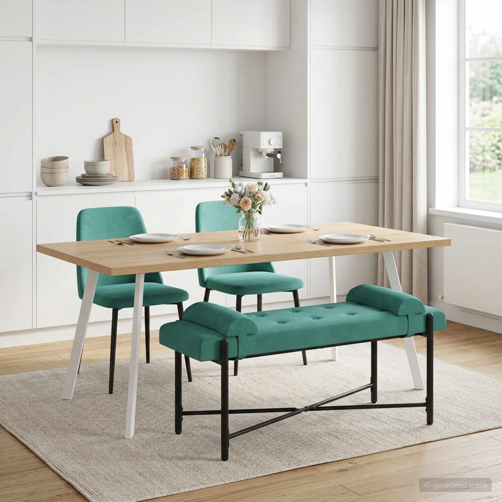 Knop-gestept Bankje met Kussens Turquoise 110 x 40 x 46 cm