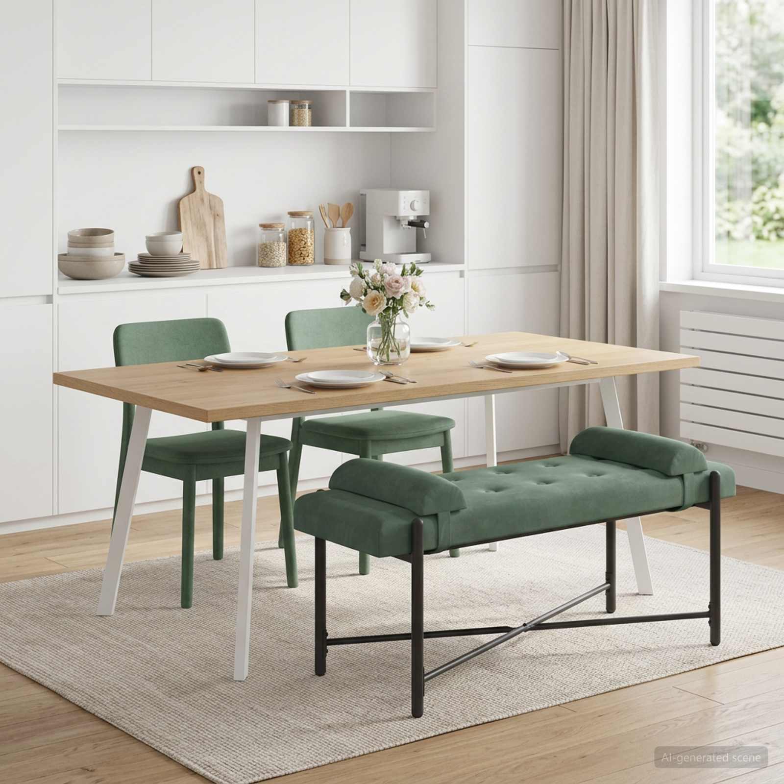 Knop-gestept Bankje met Kussens Zeegroen 110 x 40 x 46 cm