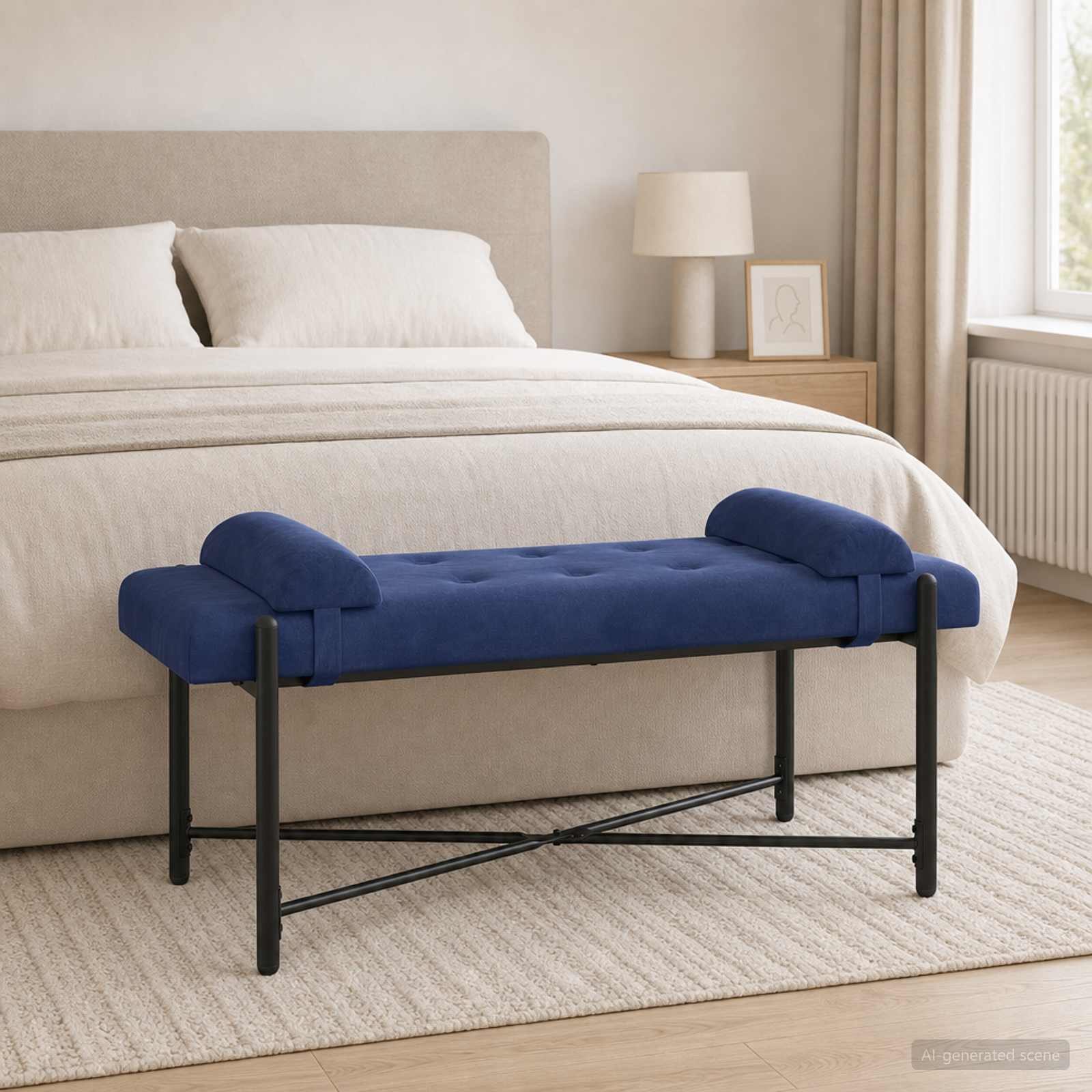 Knop-gestept Bankje met Kussens Politieblauw 110 x 40 x 46 cm
