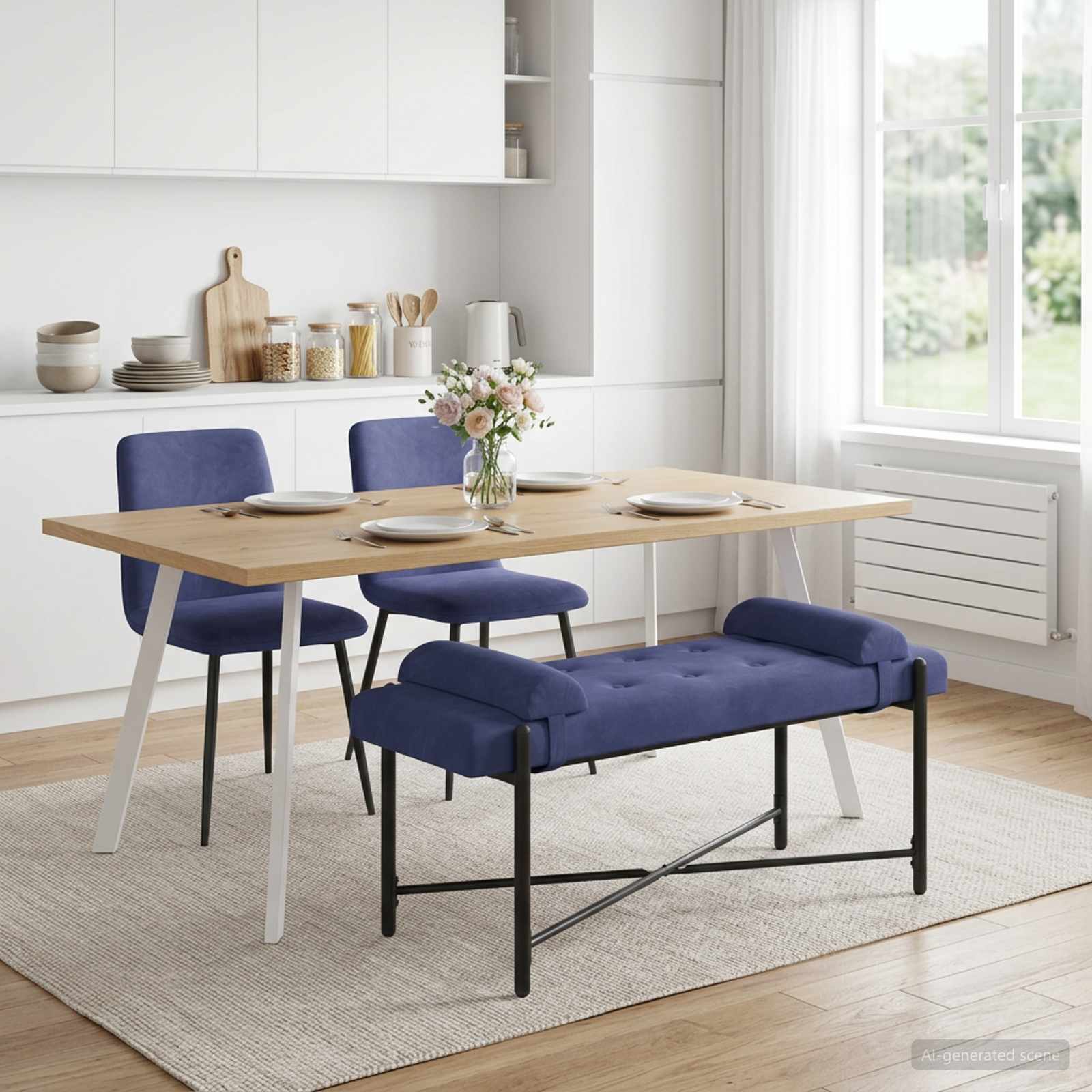 Knop-gestept Bankje met Kussens Politieblauw 110 x 40 x 46 cm