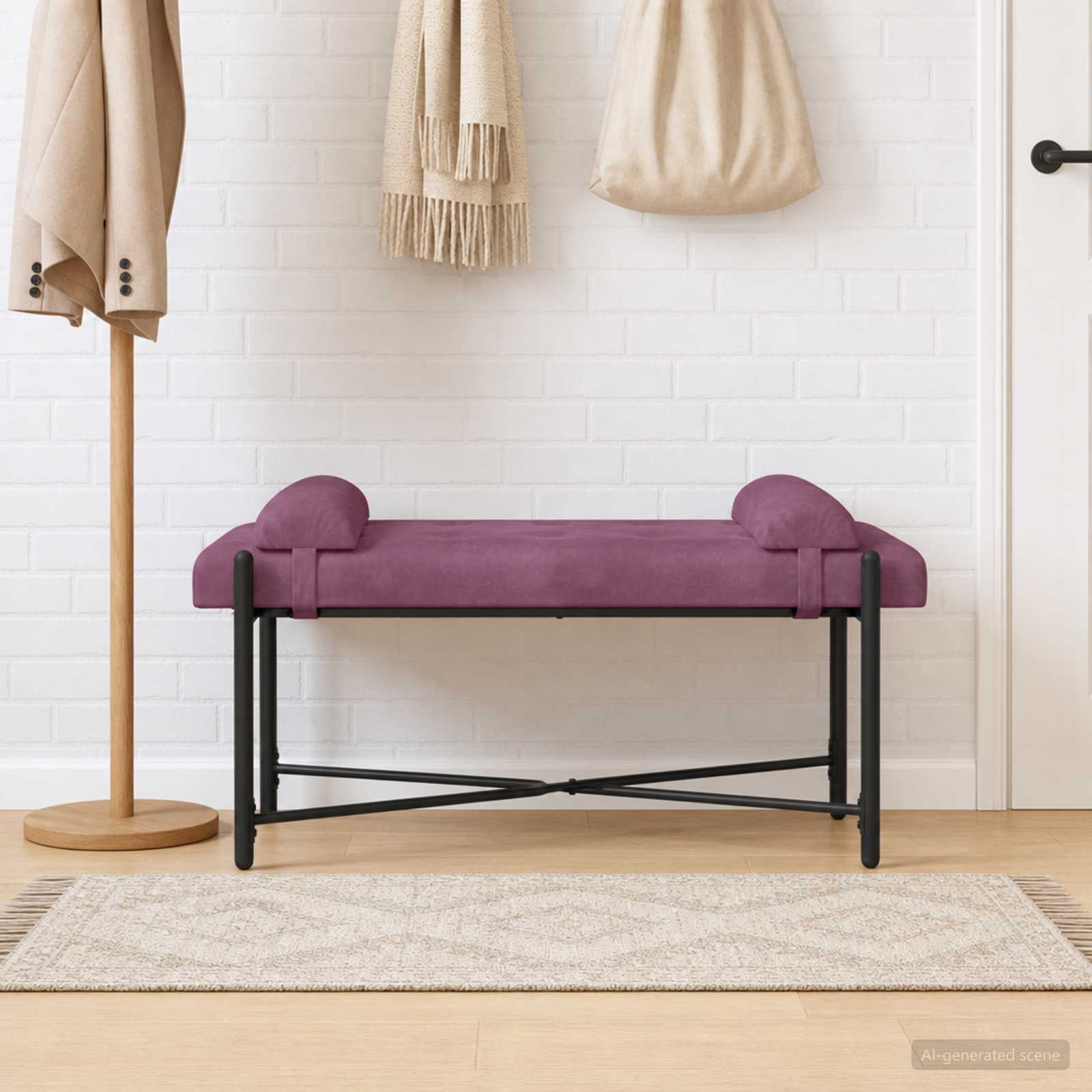Knop-gestept Bankje met Kussens Paars 110 x 40 x 46 cm fluweel