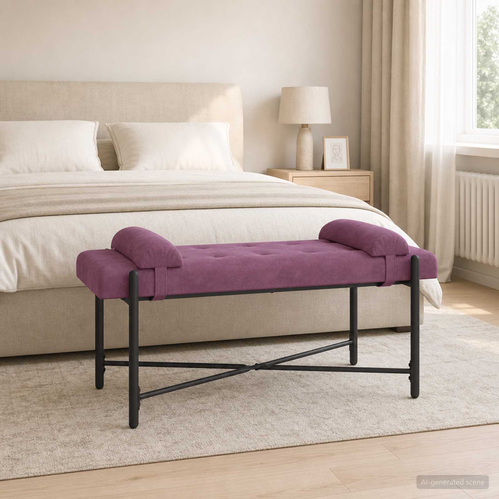 Knop-gestept Bankje met Kussens Paars 110 x 40 x 46 cm fluweel