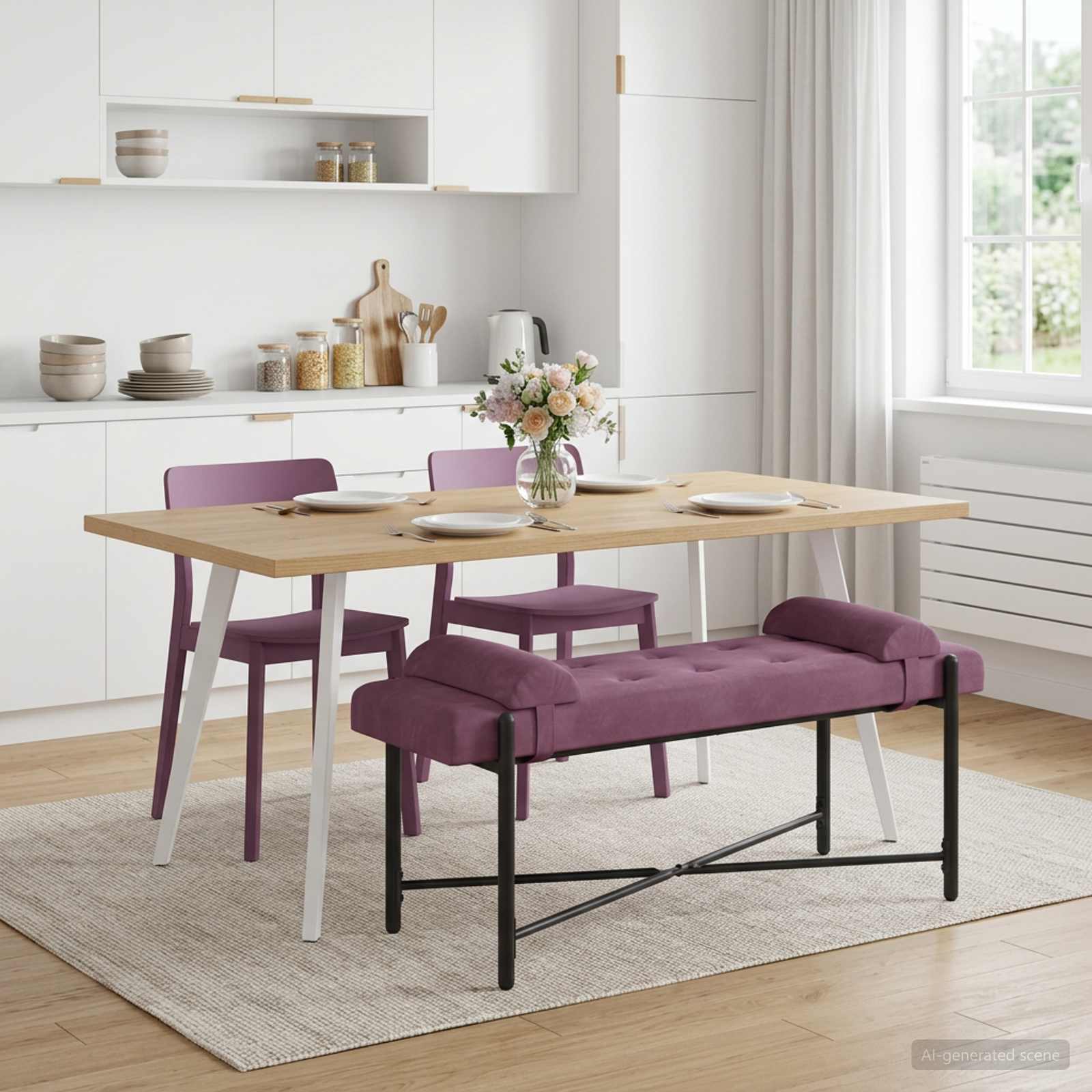 Knop-gestept Bankje met Kussens Paars 110 x 40 x 46 cm fluweel