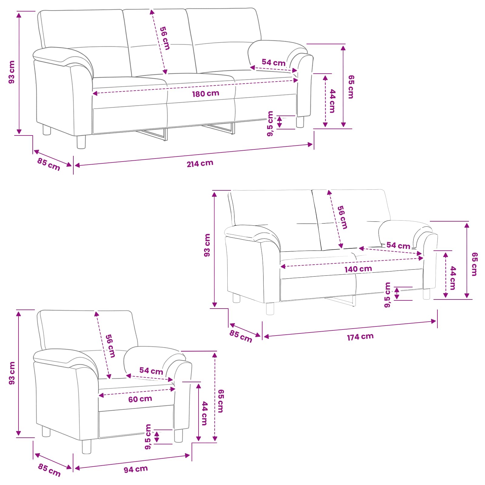 Bankstel 3 pcs Wijnrood fluweel