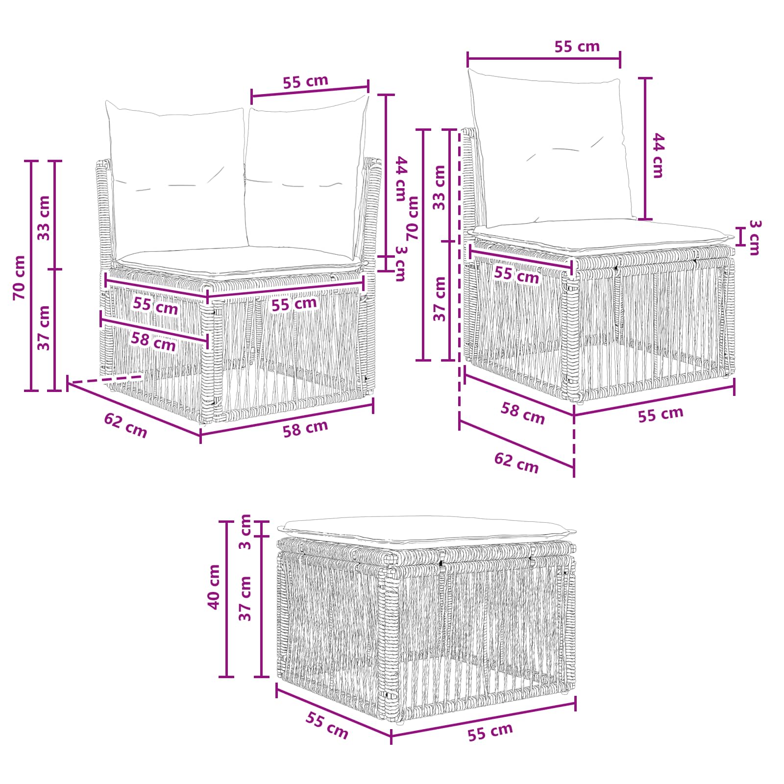 Tuinbankenset 3 st 3-Aantal zitplaatsen Zwart poly rattan