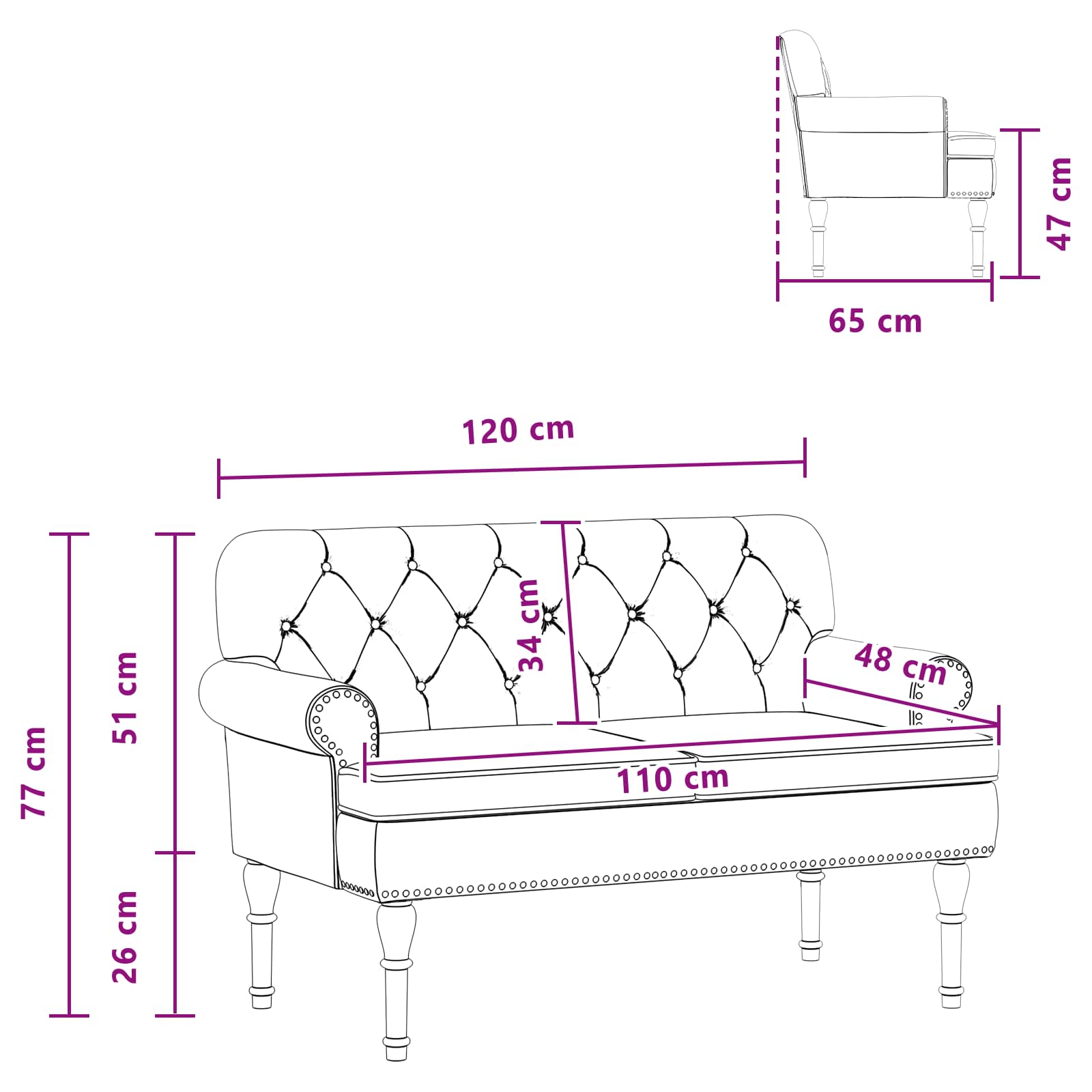 Loungebank met knopencomfort Zwart 120 x 65 x 77 cm Kunstleer