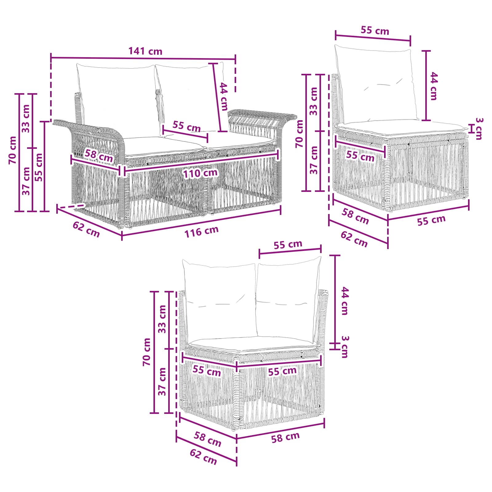 Tuinbankenset 6 st 6-Aantal zitplaatsen Zwart poly rattan