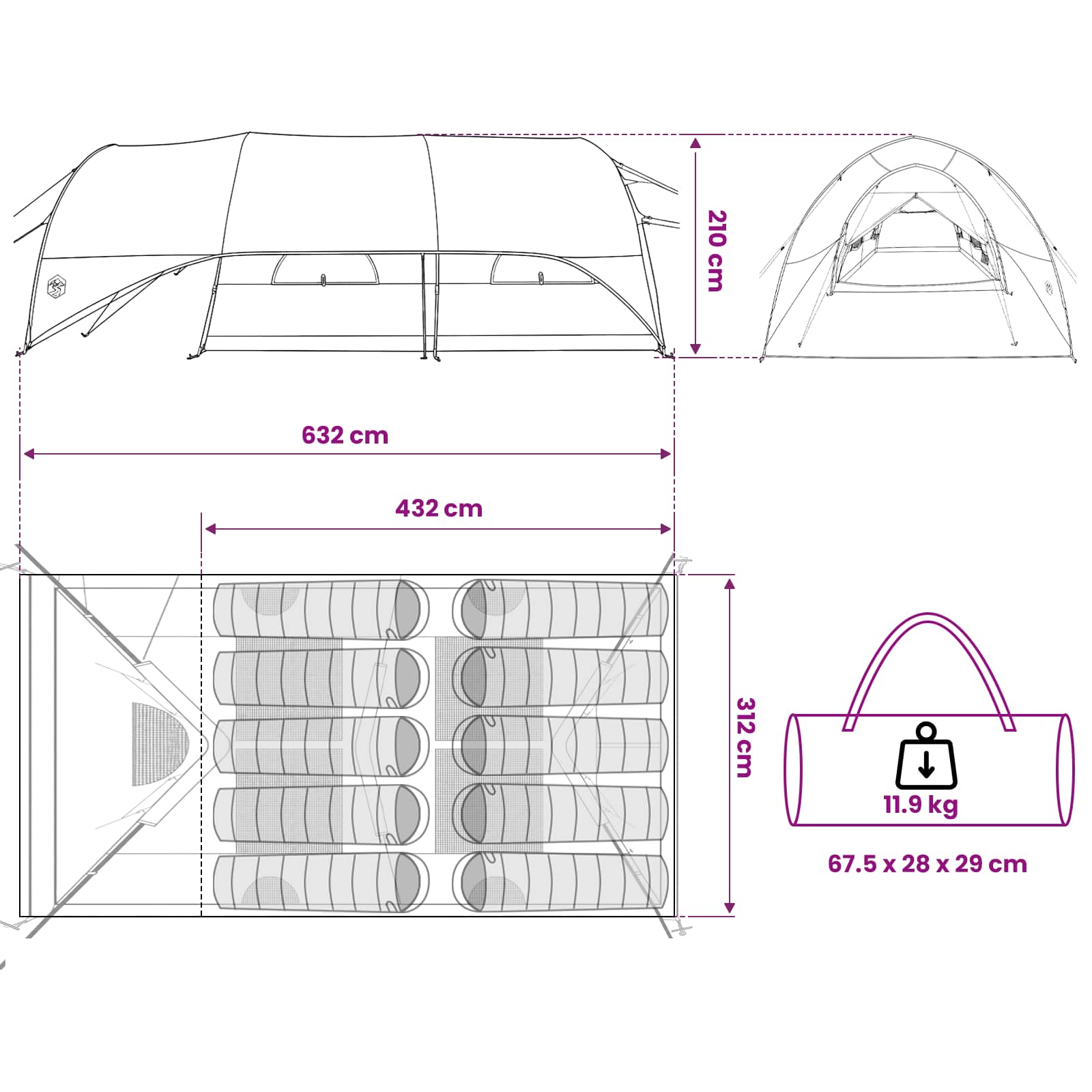 Tunnel Tent met Waterdichte Regenhoes 10-persoons Legergroen