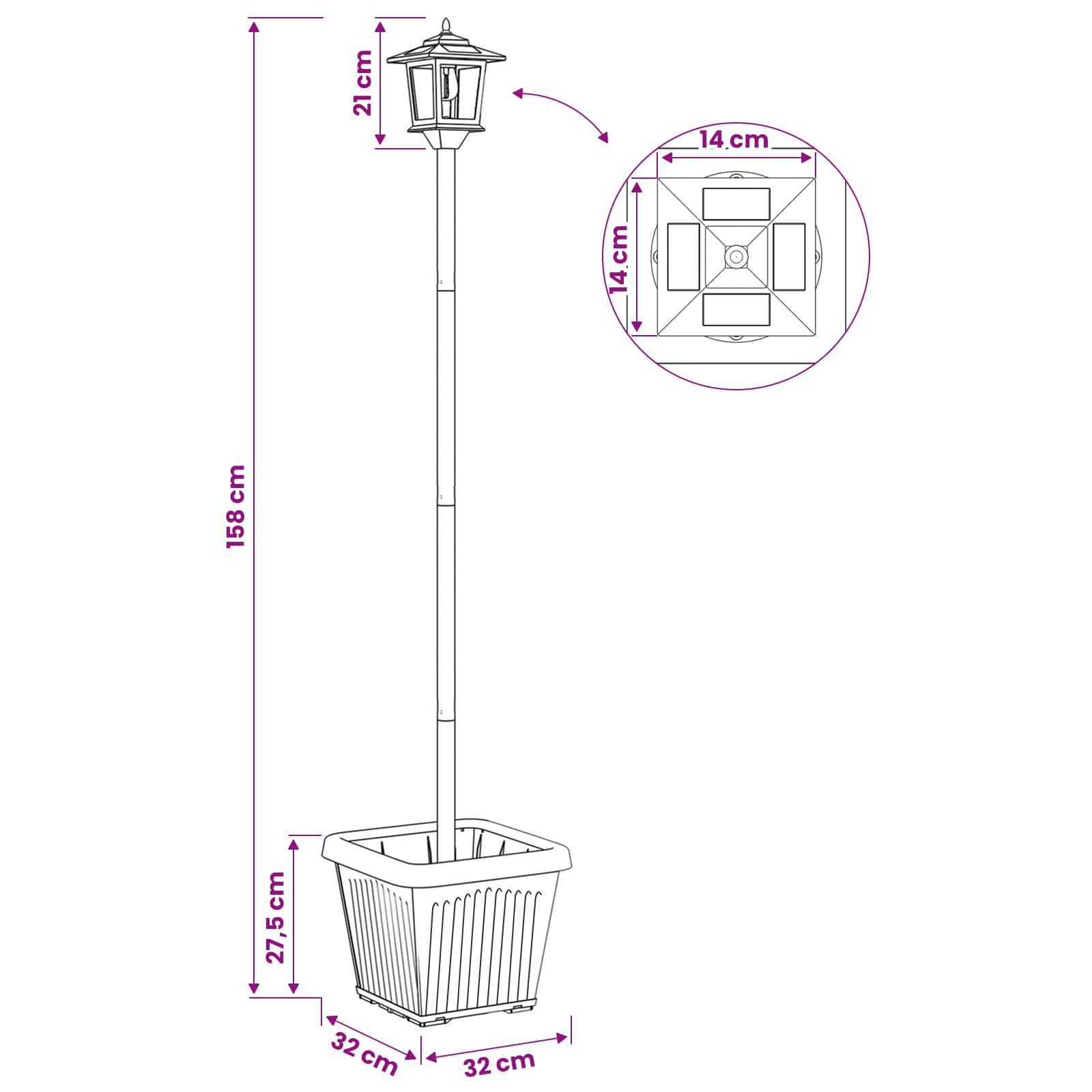 Solarlantaarnpaal met plantenbak warm wit 32 x 32 x 158 cm