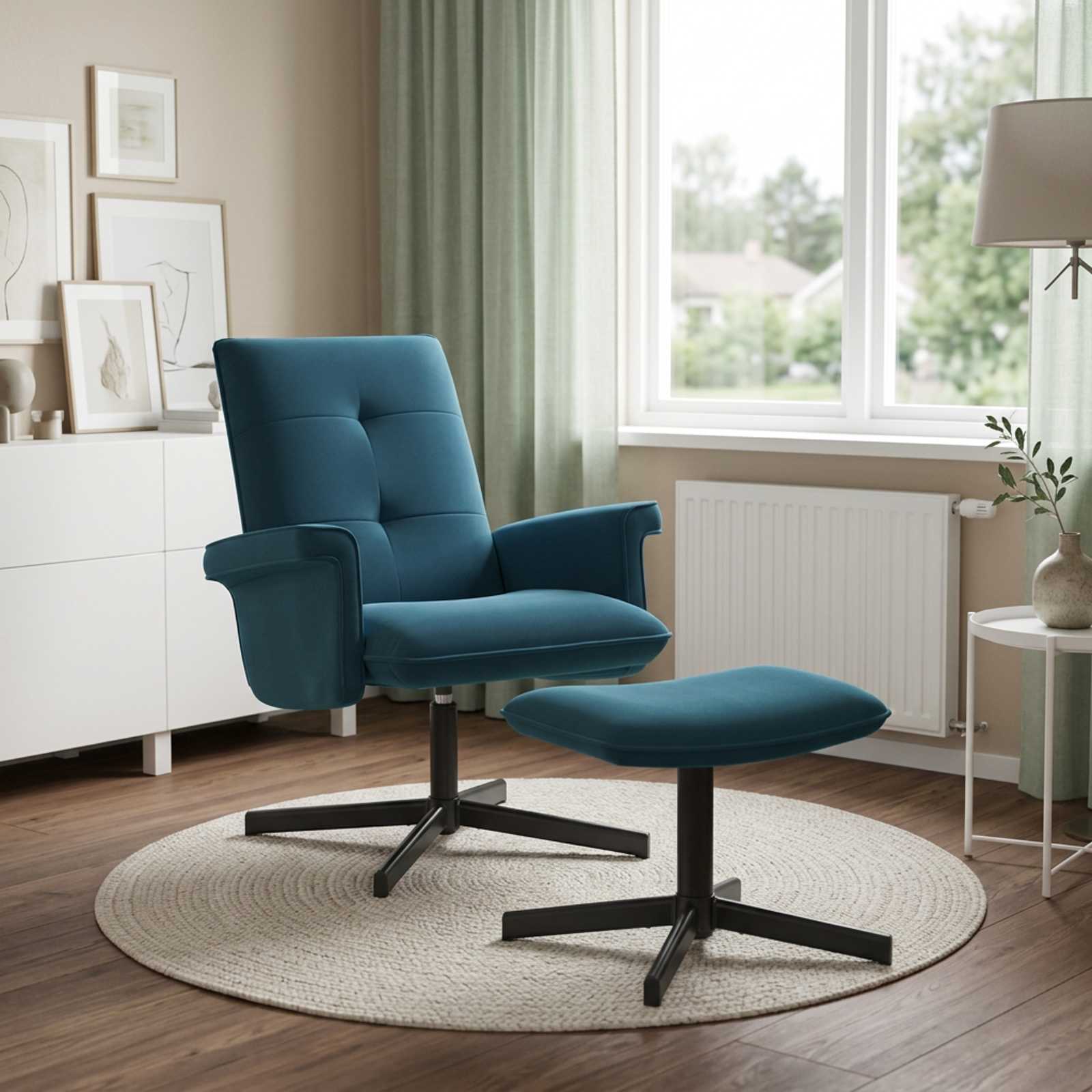 Draaistoel met voetenbank Blauw fluweel