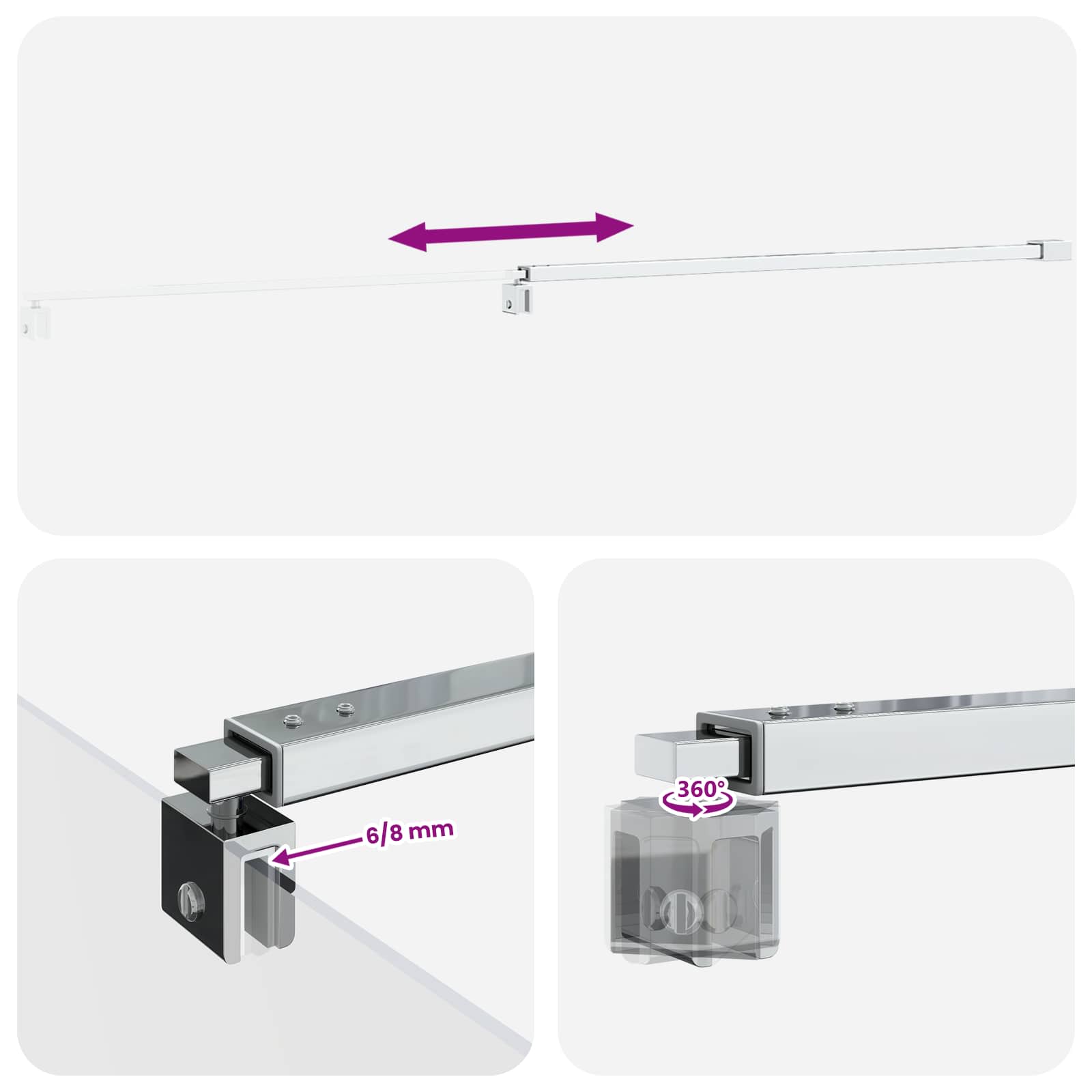 Stabilisatiestang douchewand 70-120 cm voor 6/8 mm glas Chroom