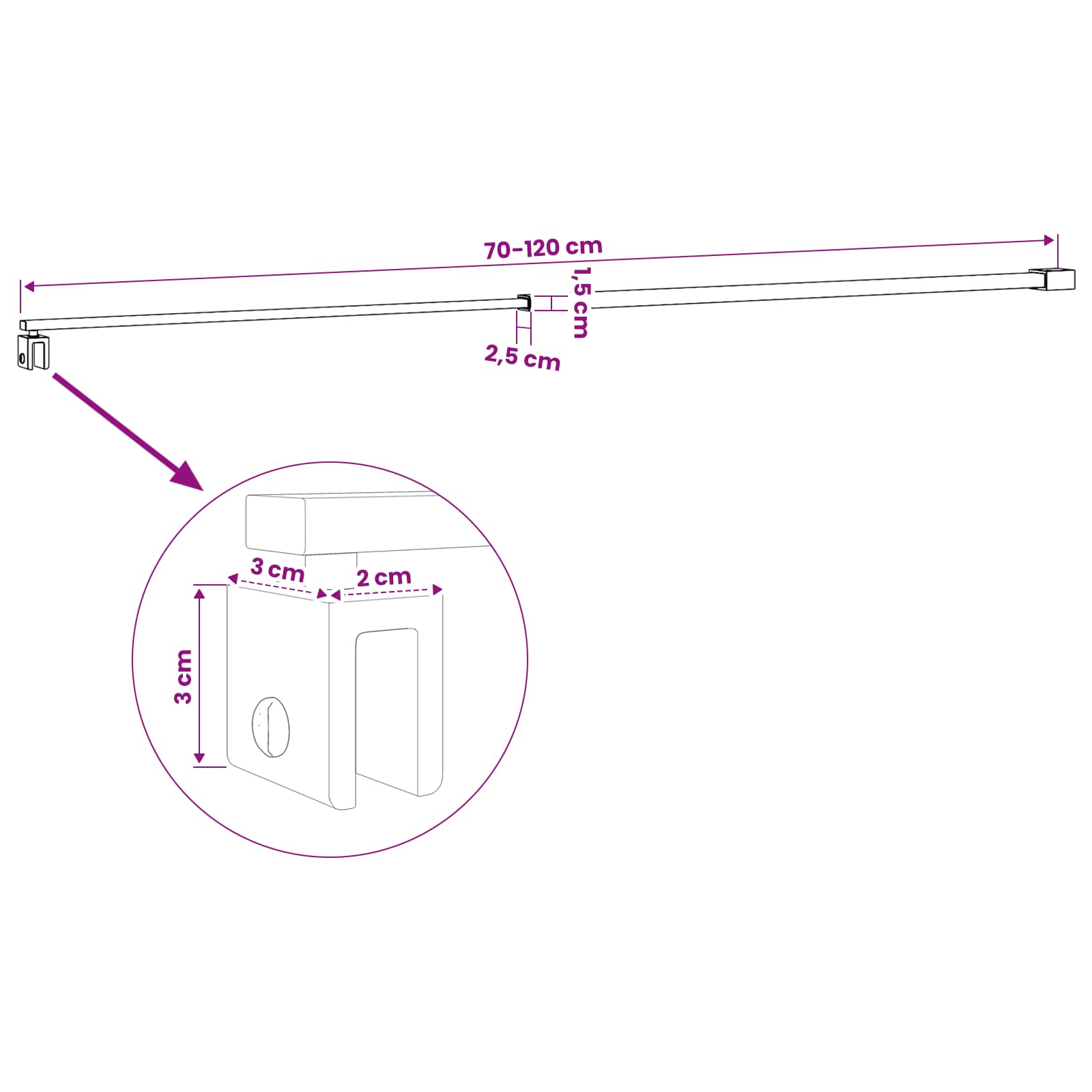 Stabilisatiestang douchewand 70-120 cm voor 6/8 mm glas Chroom