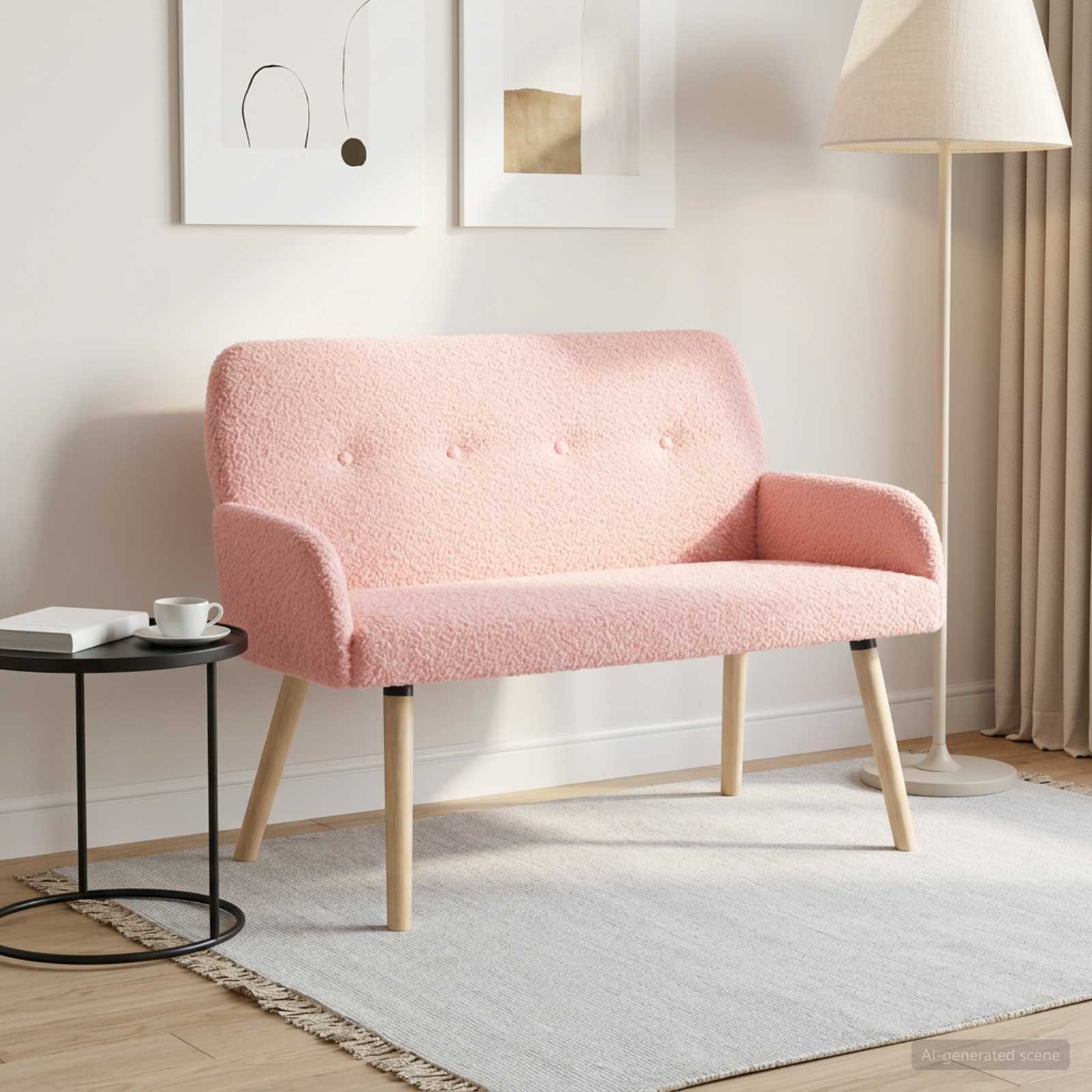 2-zitsbank met massief houten poten Roze Bouclé