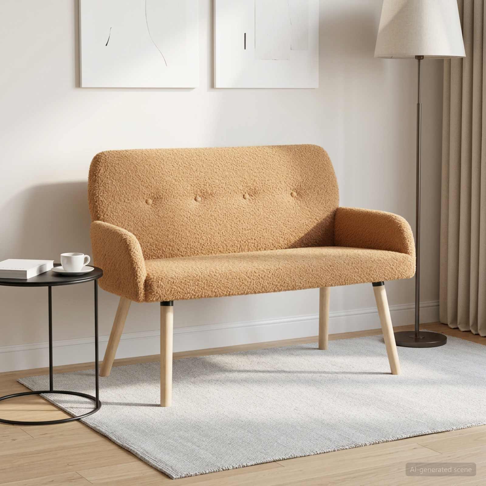 2-zitsbank met massief houten poten Beige Bouclé