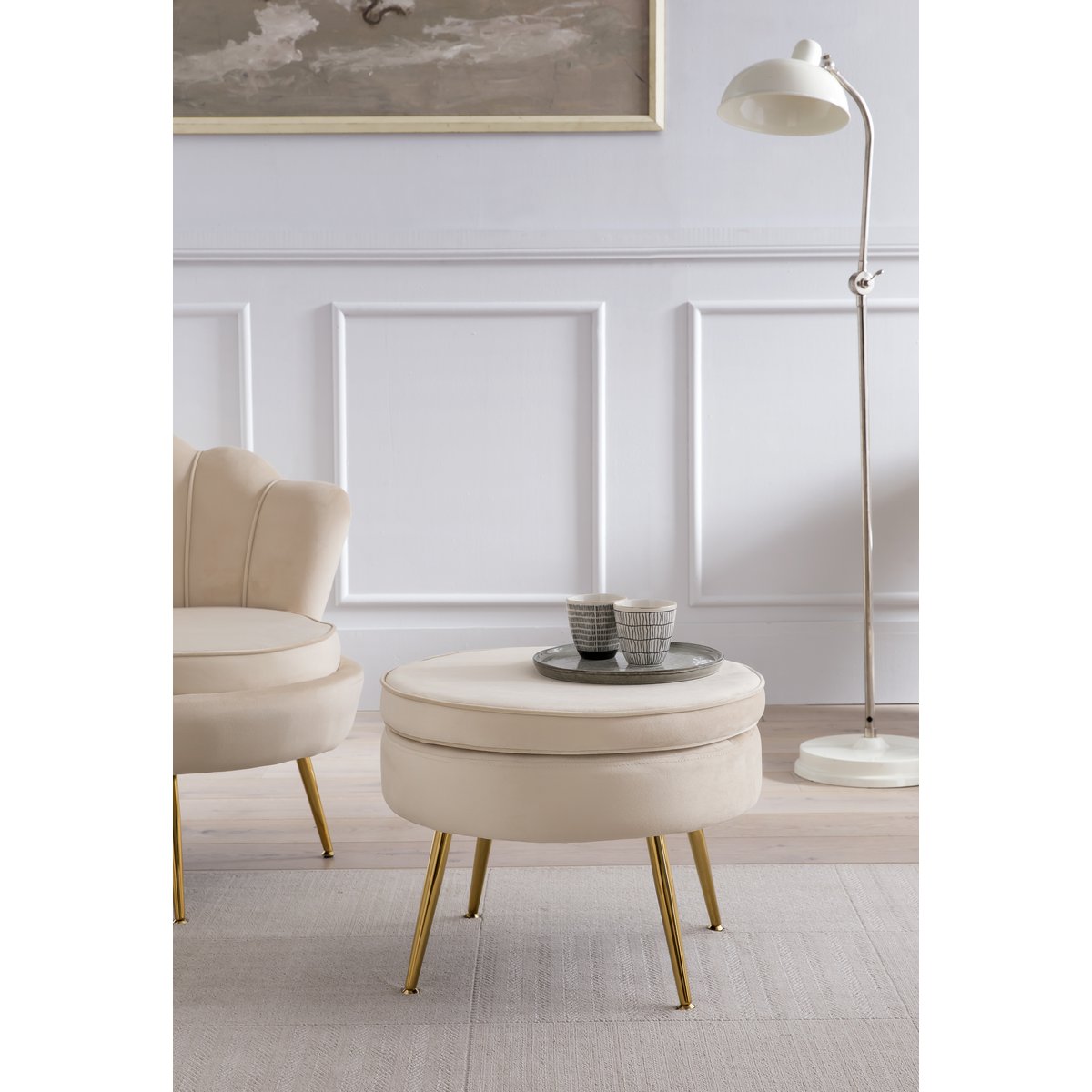 Ronde poef in beige fluweel