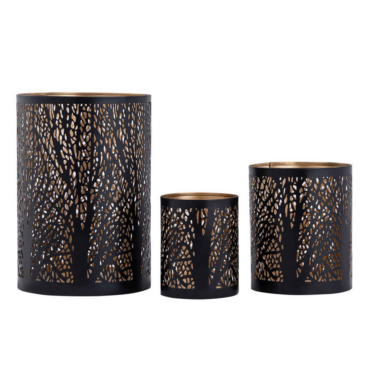 Windlich 3 Set MasterBox 12x 3 -Deel kaarsen Stand Forest Tea Light Holder rond zwart goud
