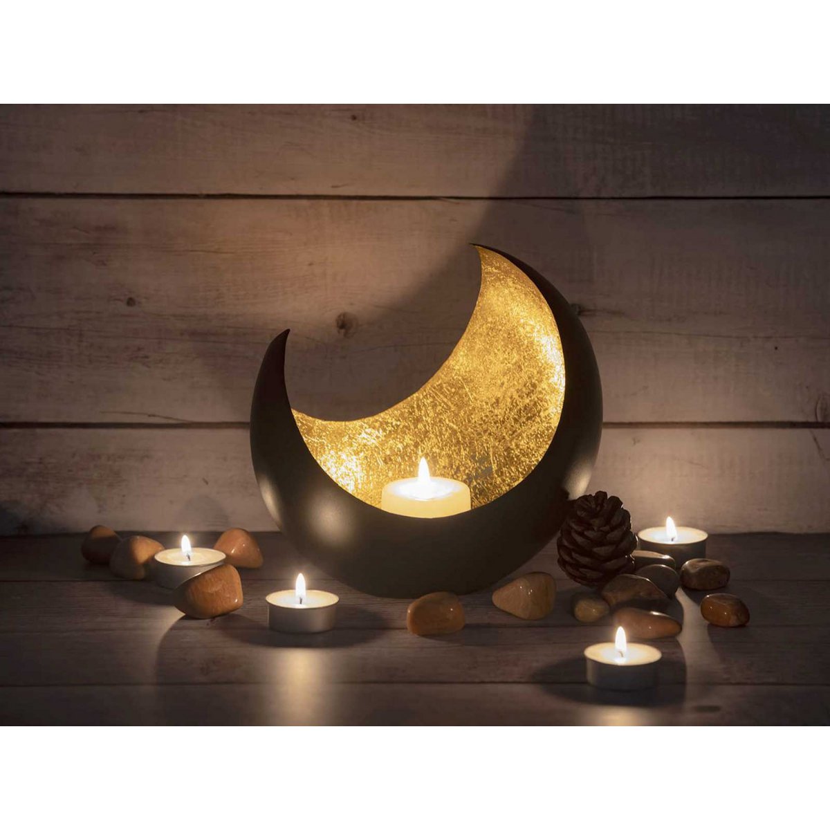 Kandelaar Tealight -houder Kandelaar Maan Zieke vorm Zwart Matt Gilded Inside