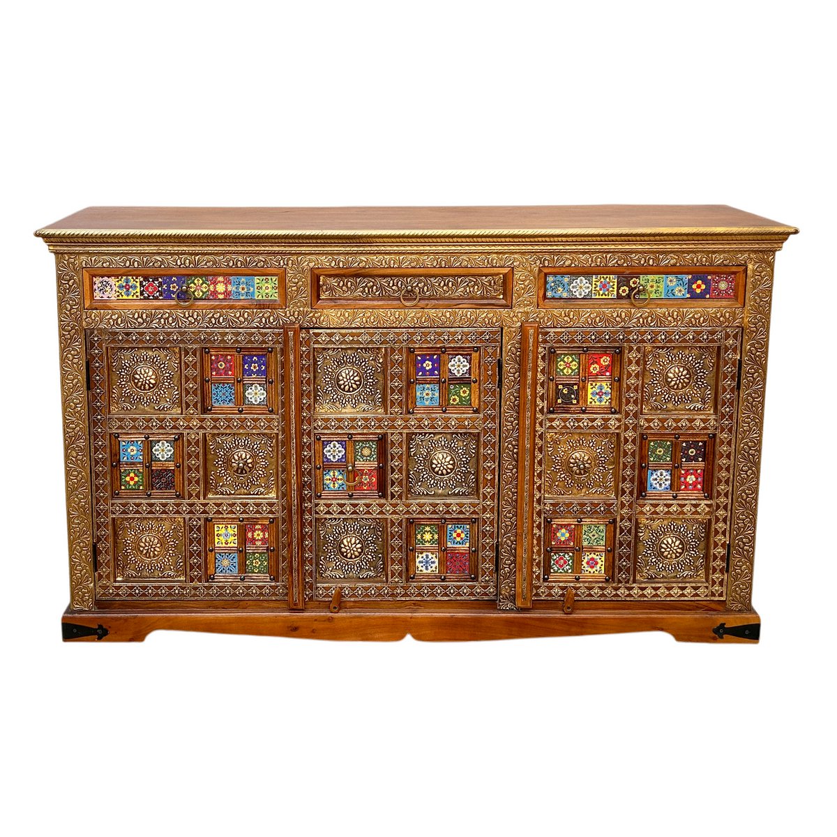Dressoir, 3 deuren, 3 lades, acacia, metaal, kleurrijk