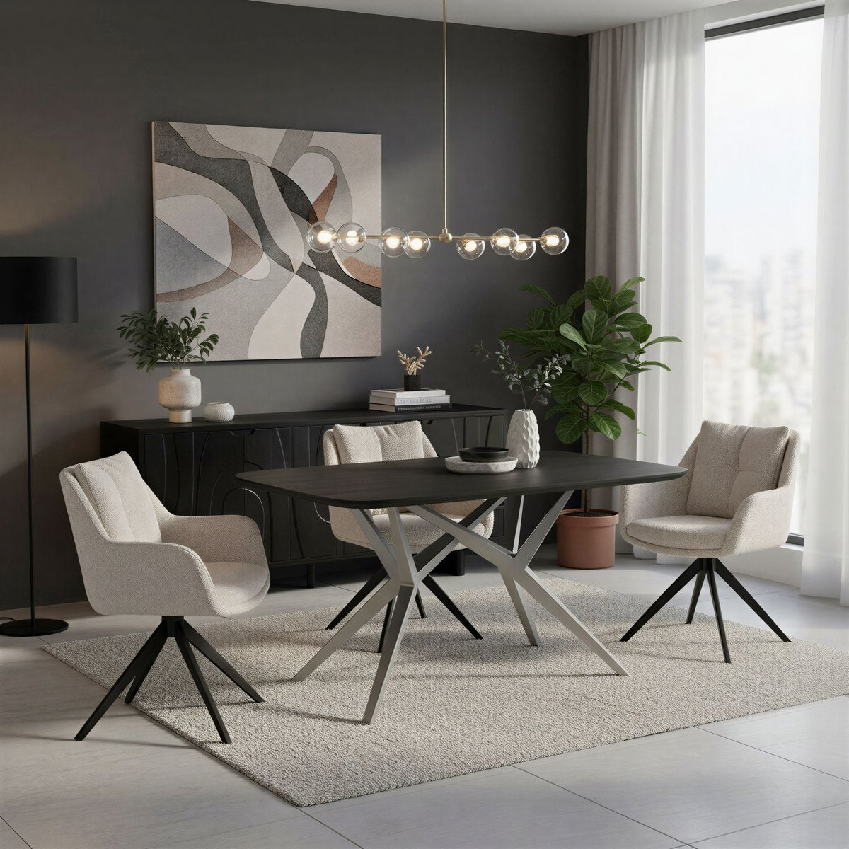 Eettafel 240x100 cm, Mango blad, stalen frame in antiek zilver