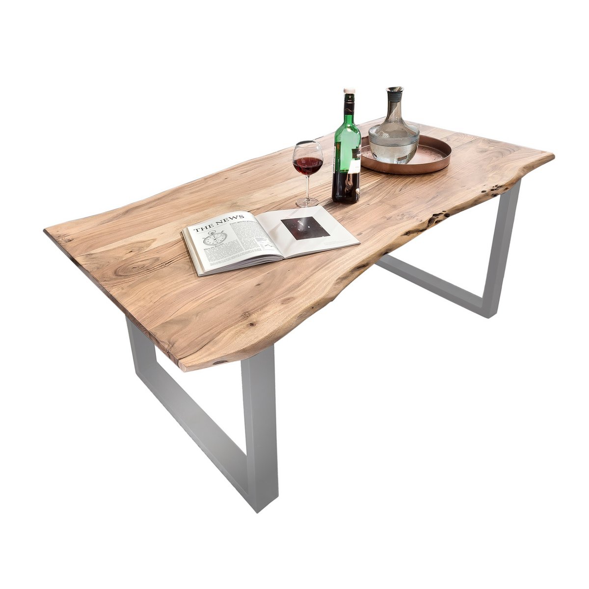 Tafel 140 x 80 cm, naturel blad, zilveren frame