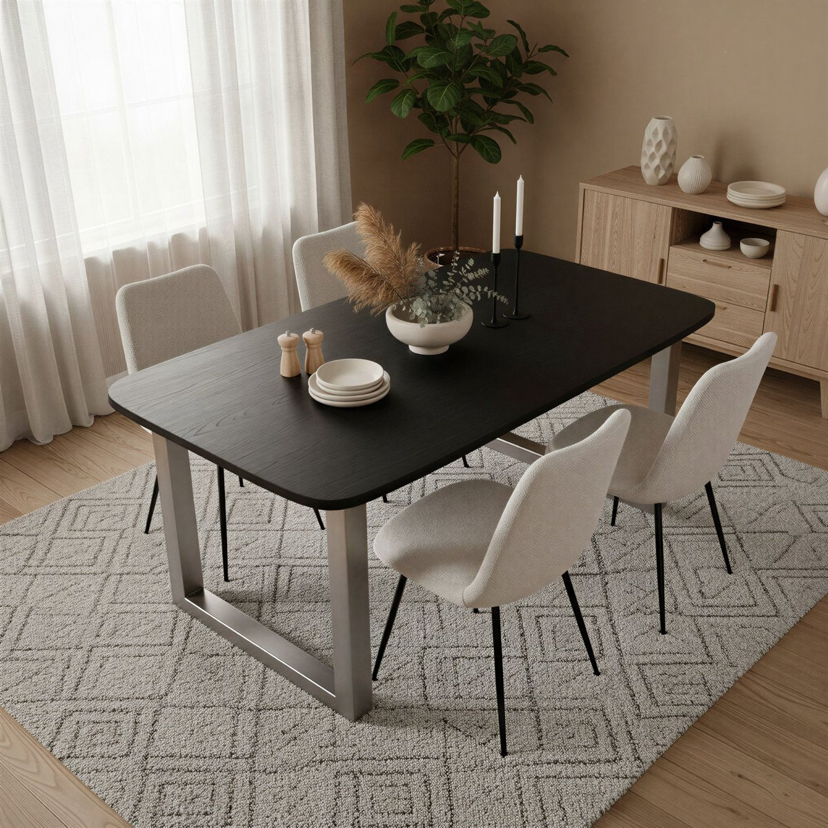 Eettafel 200x100 cm, 30 mm blad Mango zwart, stalen frame antiek zilver