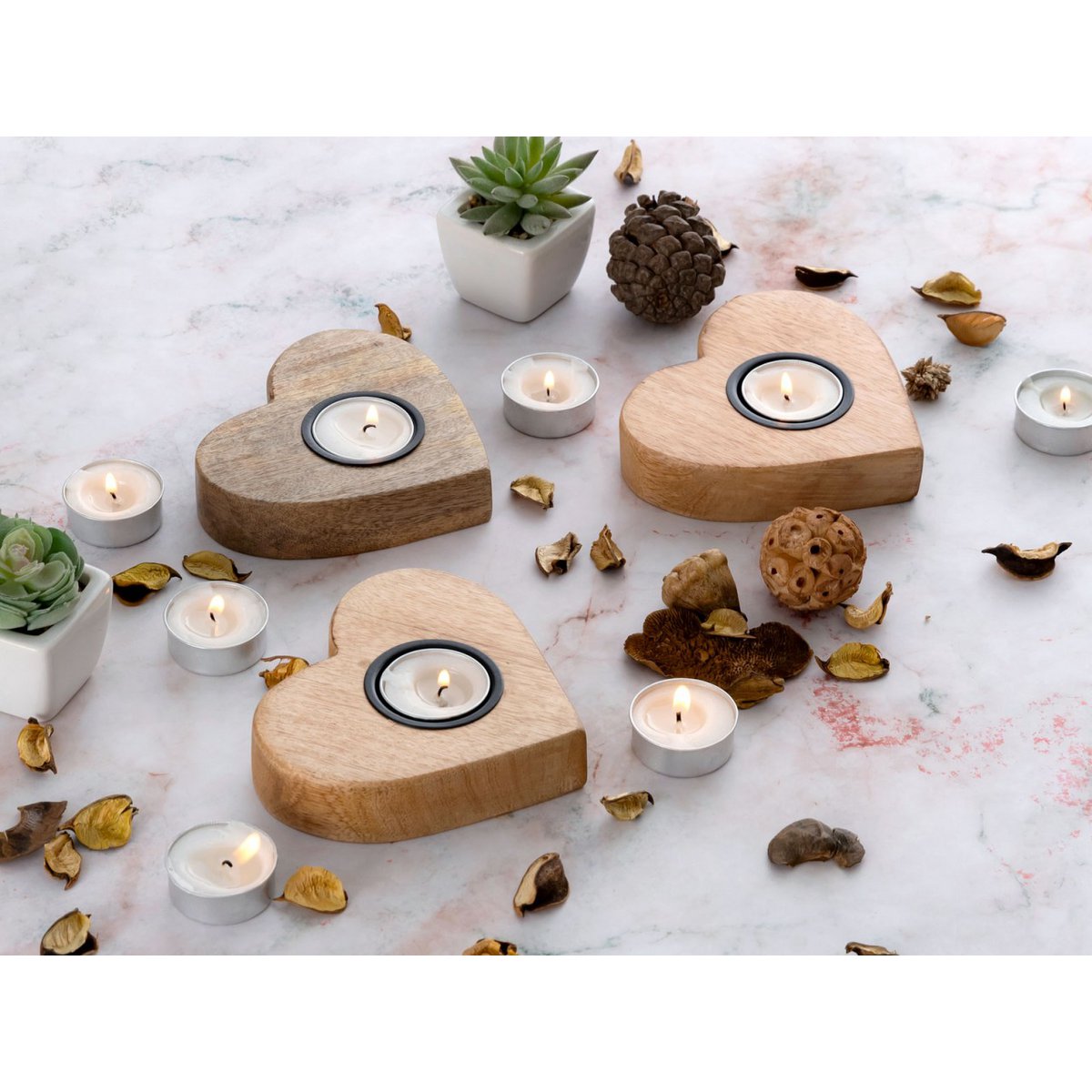 Tealight Holder 3 Set Candlestick Tea Lights 12x11cm Herzilein kandelaar Mango Wood
