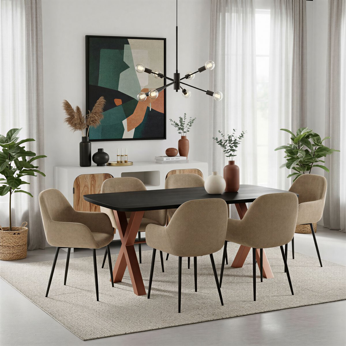 Eettafel 240x100 cm, 30 mm blad Mango zwart, X-stalen frame antiekbruin