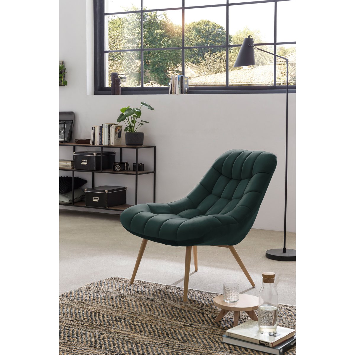 Fauteuil XXL fluweel groen metaal houtlook