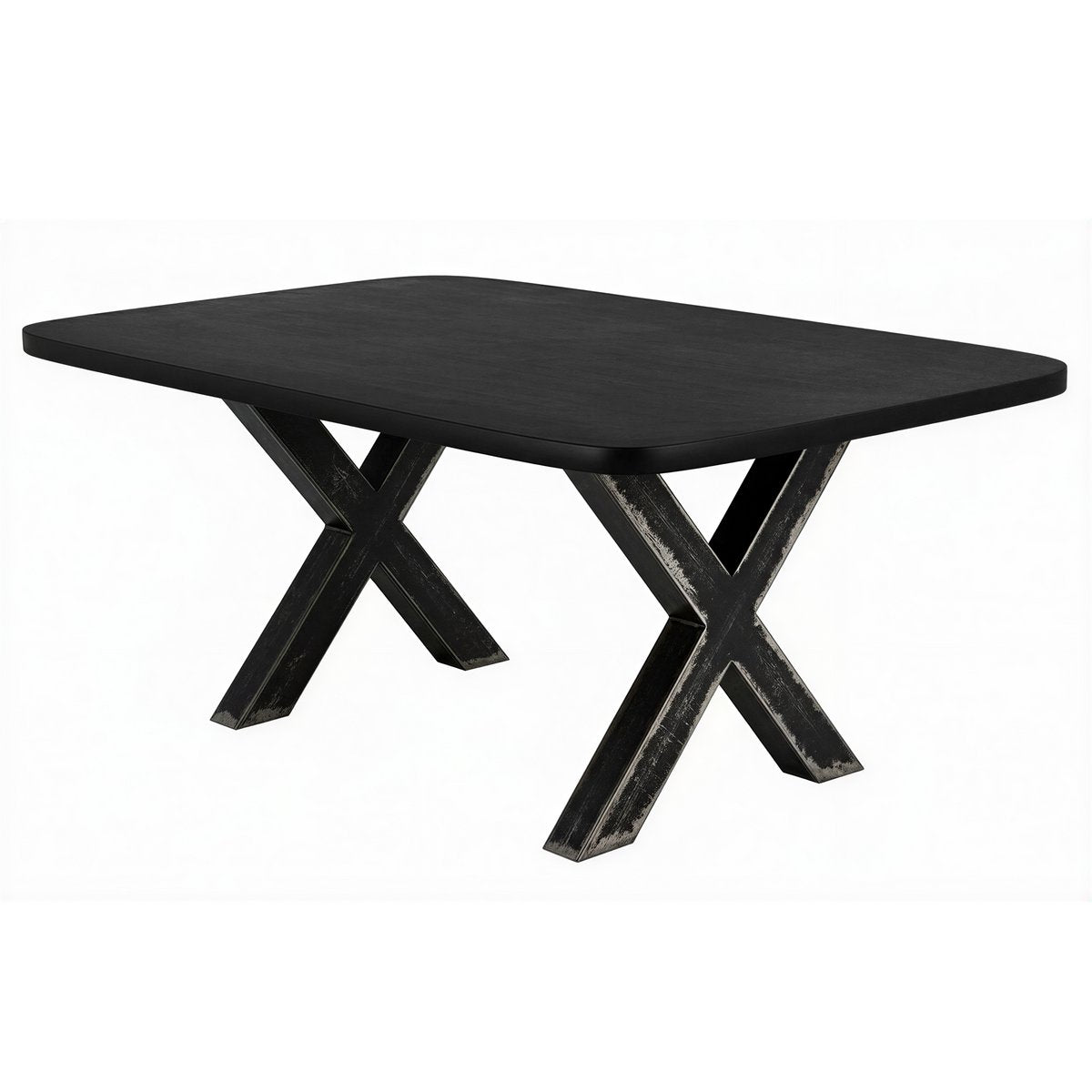 Eettafel 220x100 cm, 30 mm blad Mango zwart, X-frame metaal used look